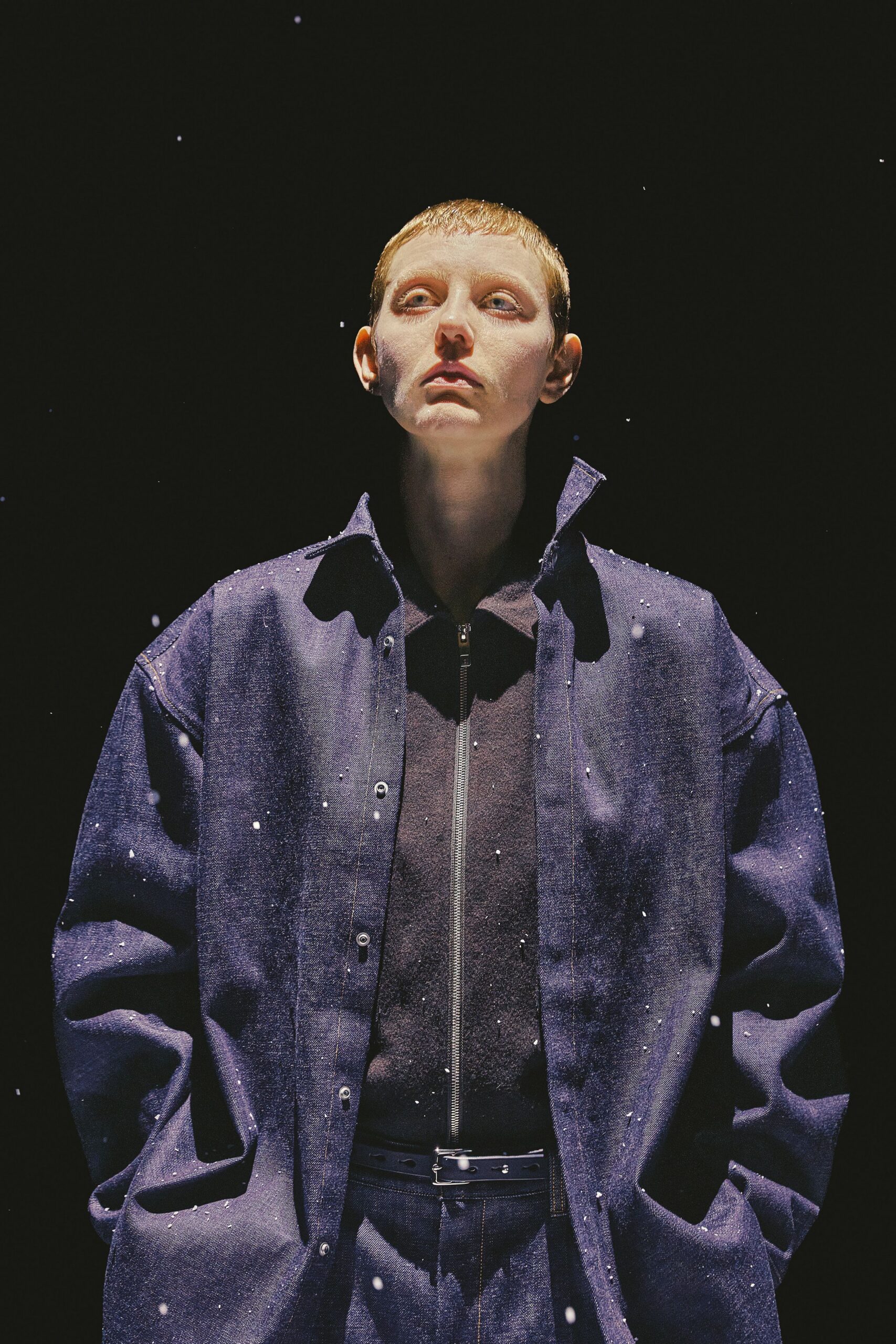 blue denim long-sleeve collared oversized jacket
