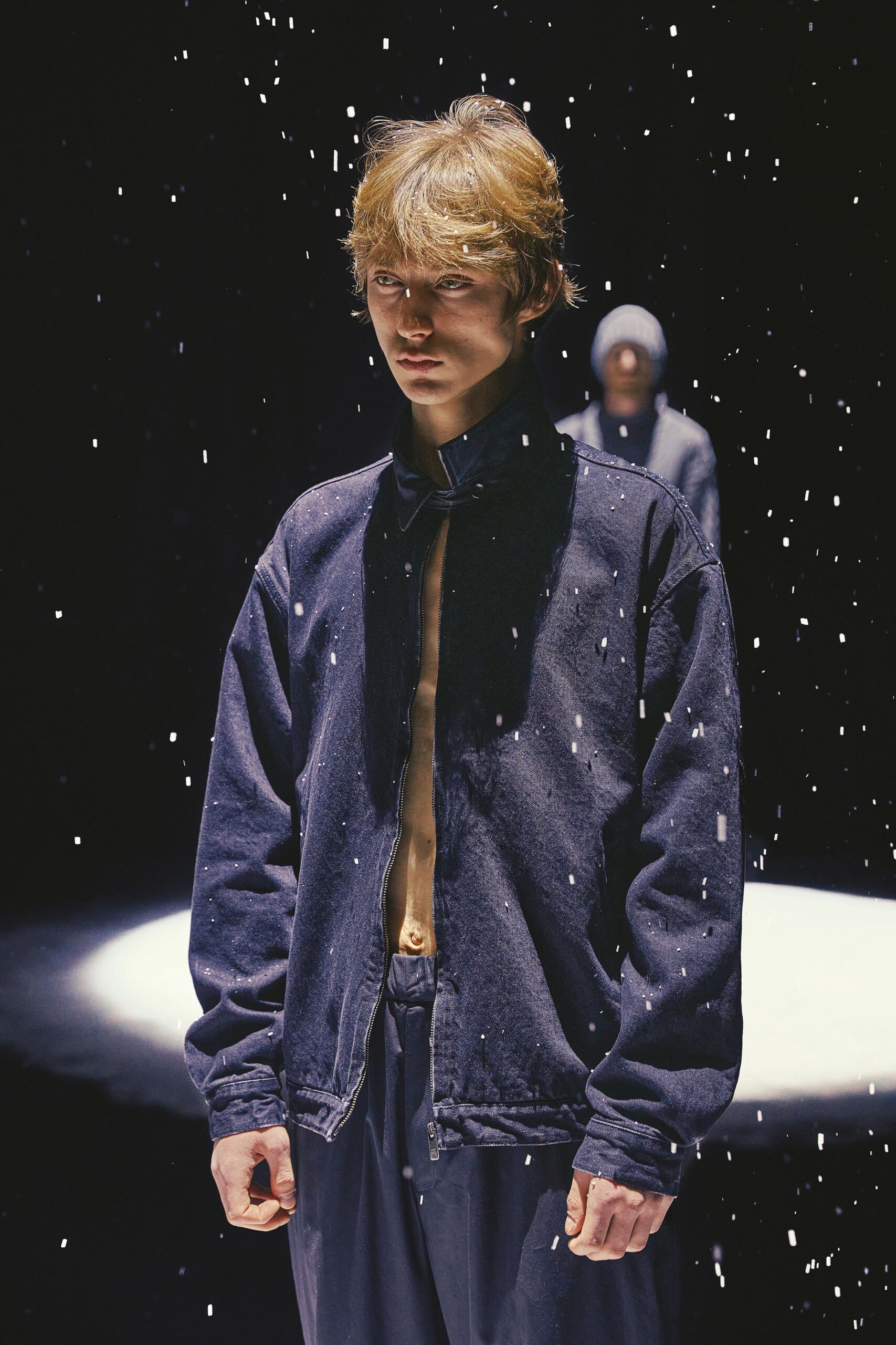 blue denim jacket with relaxed pants