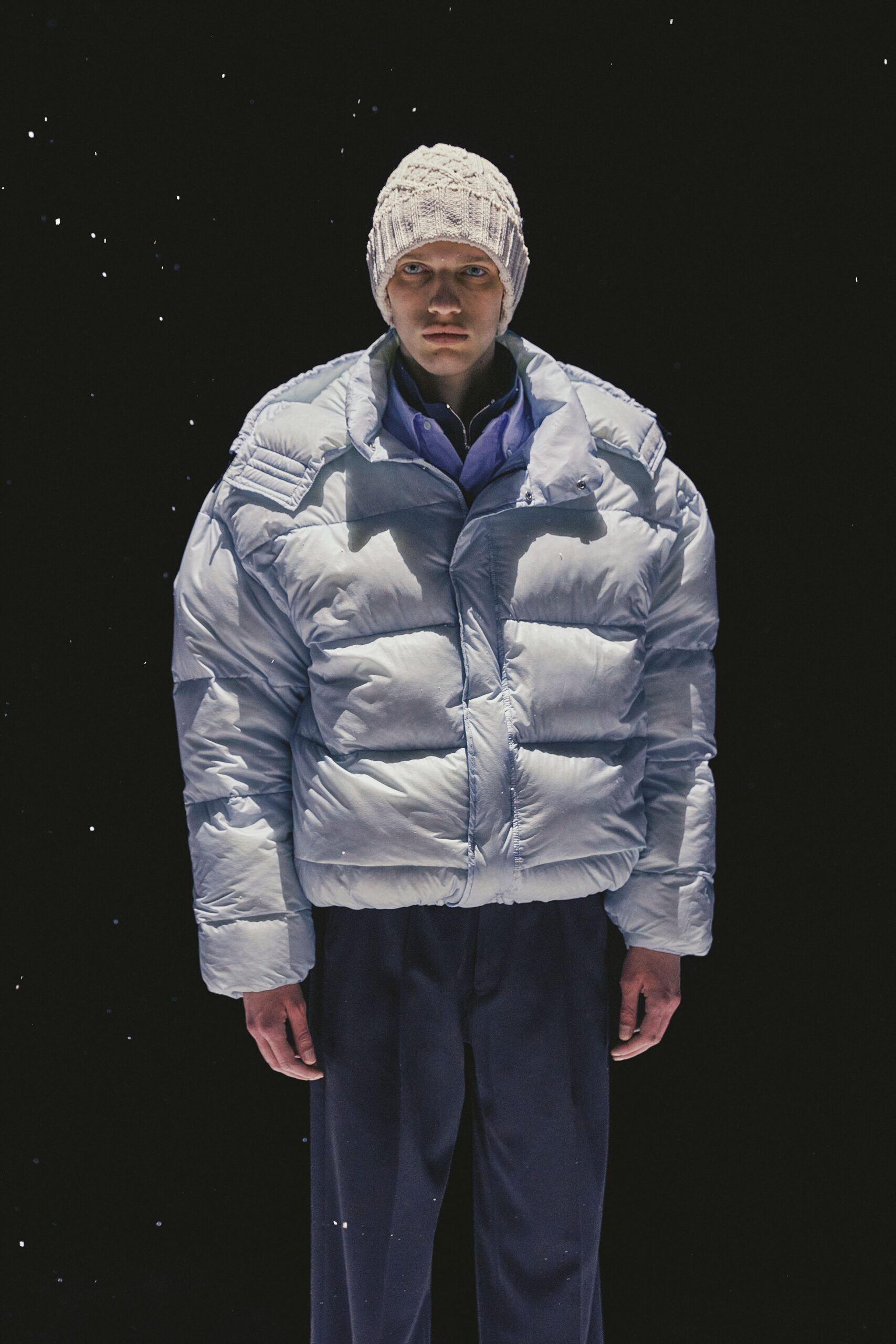 light blue puffer jacket with blue shirt