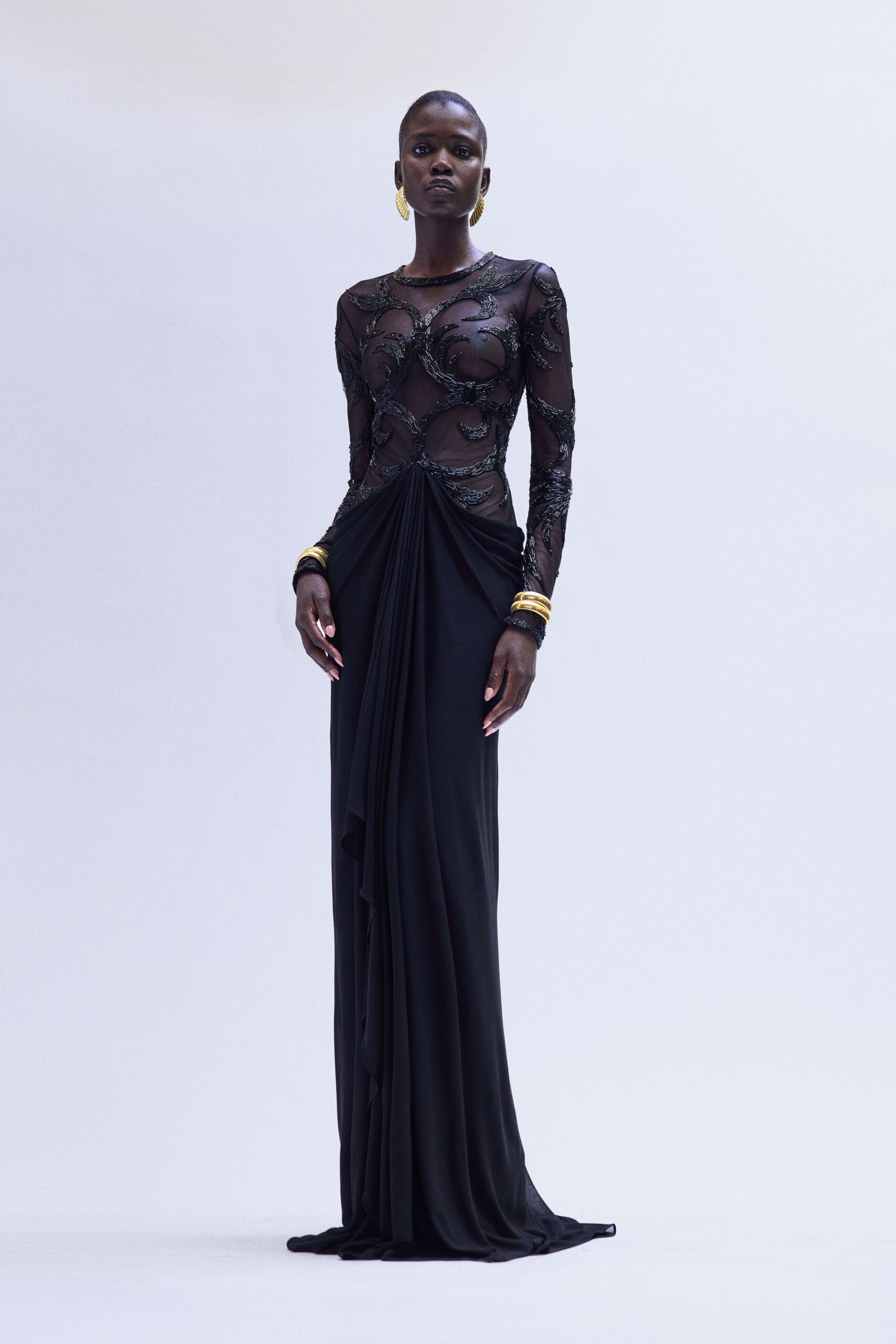 black silk long-sleeve gown