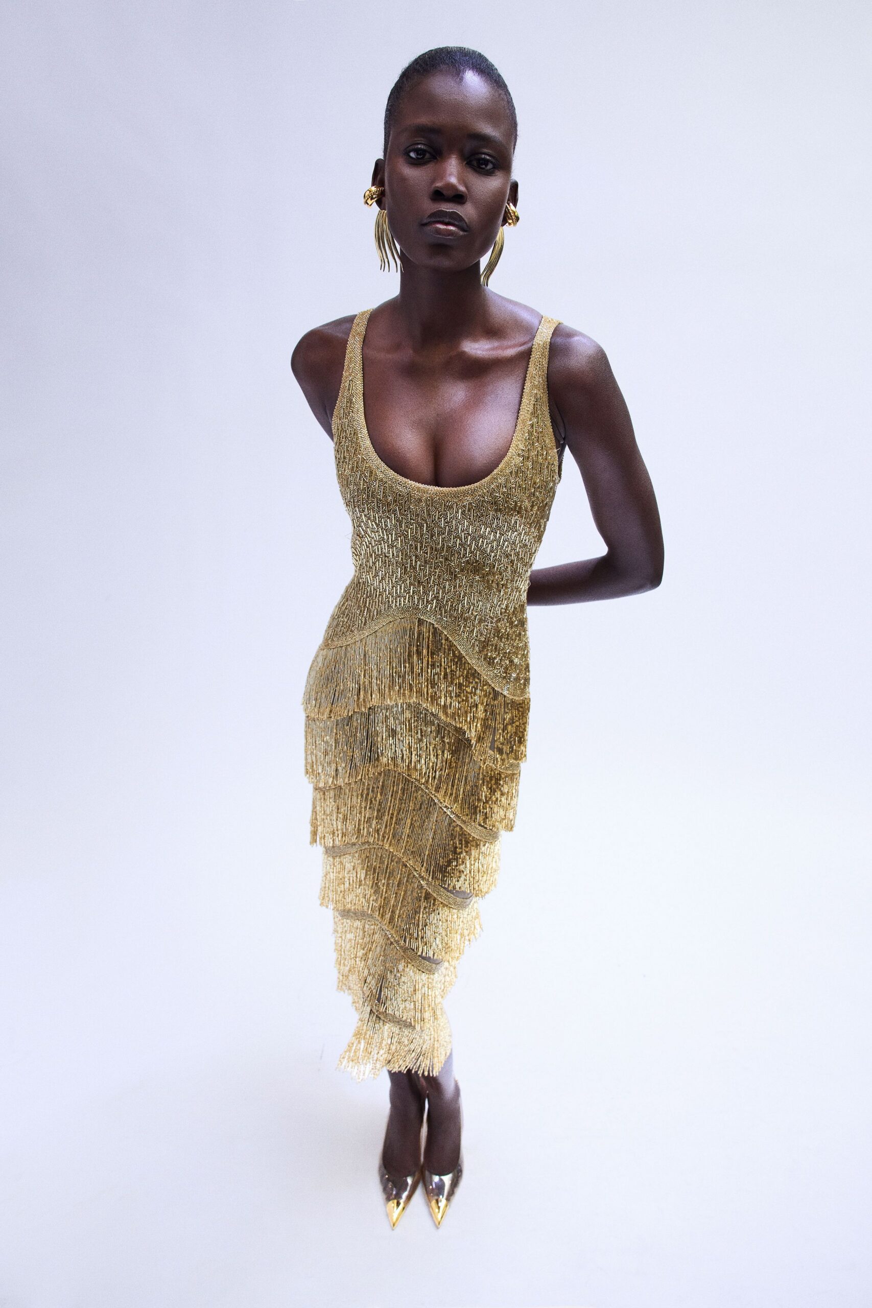 gold metallic sleeveless v-neck fitted fringed shiny dress
