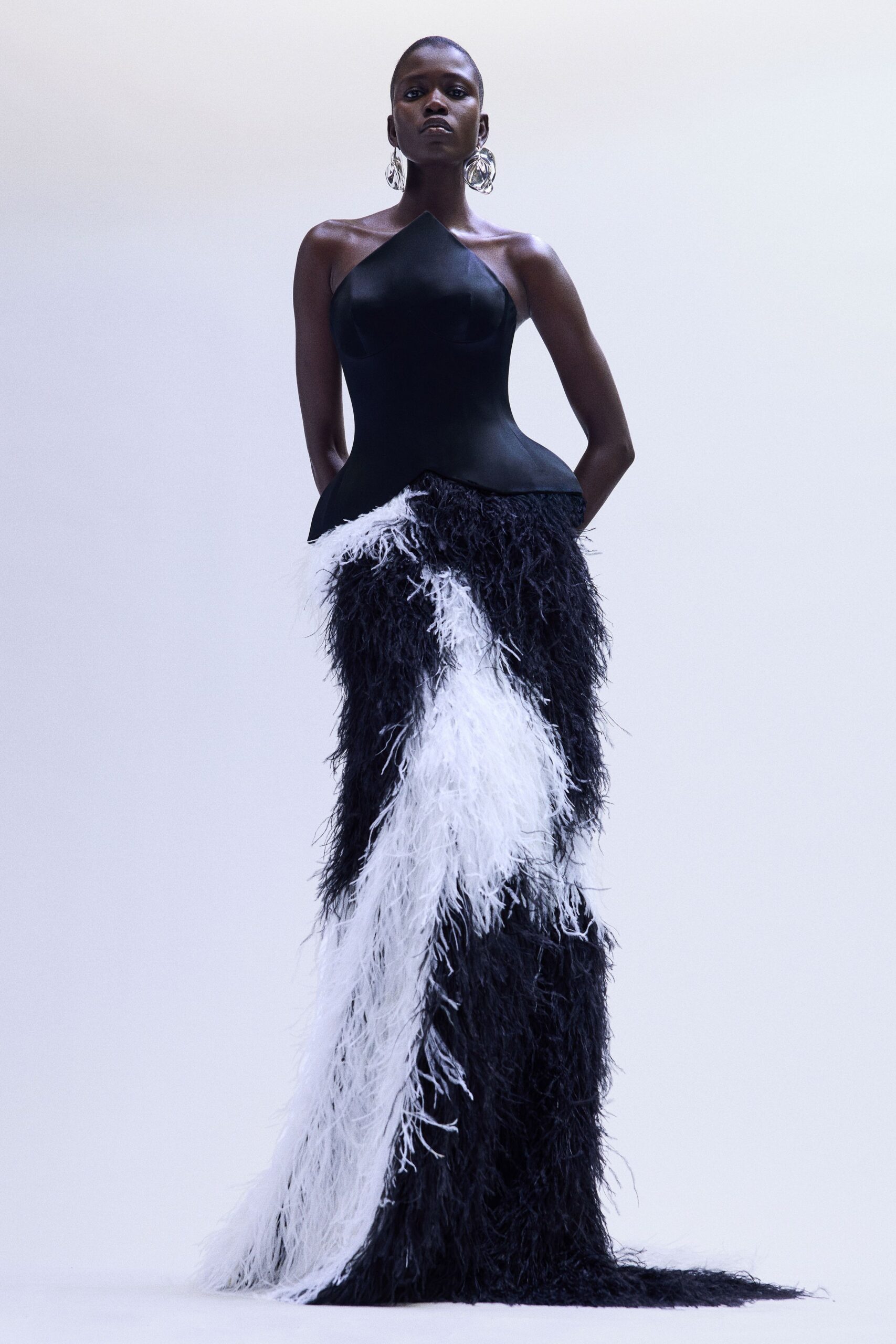 black and white feathered gown