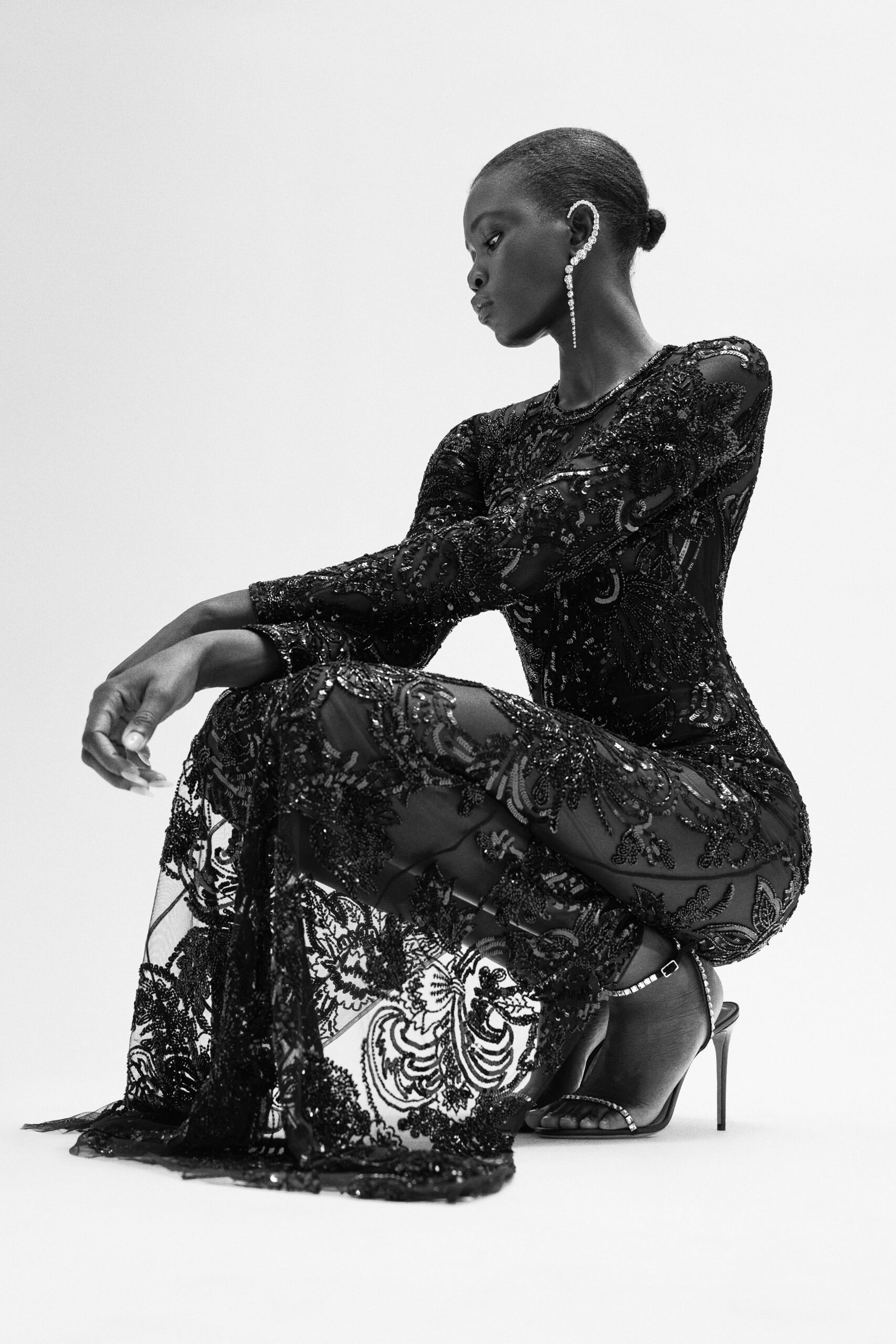 black lace long-sleeve v-neck fitted embroidered sequined gown