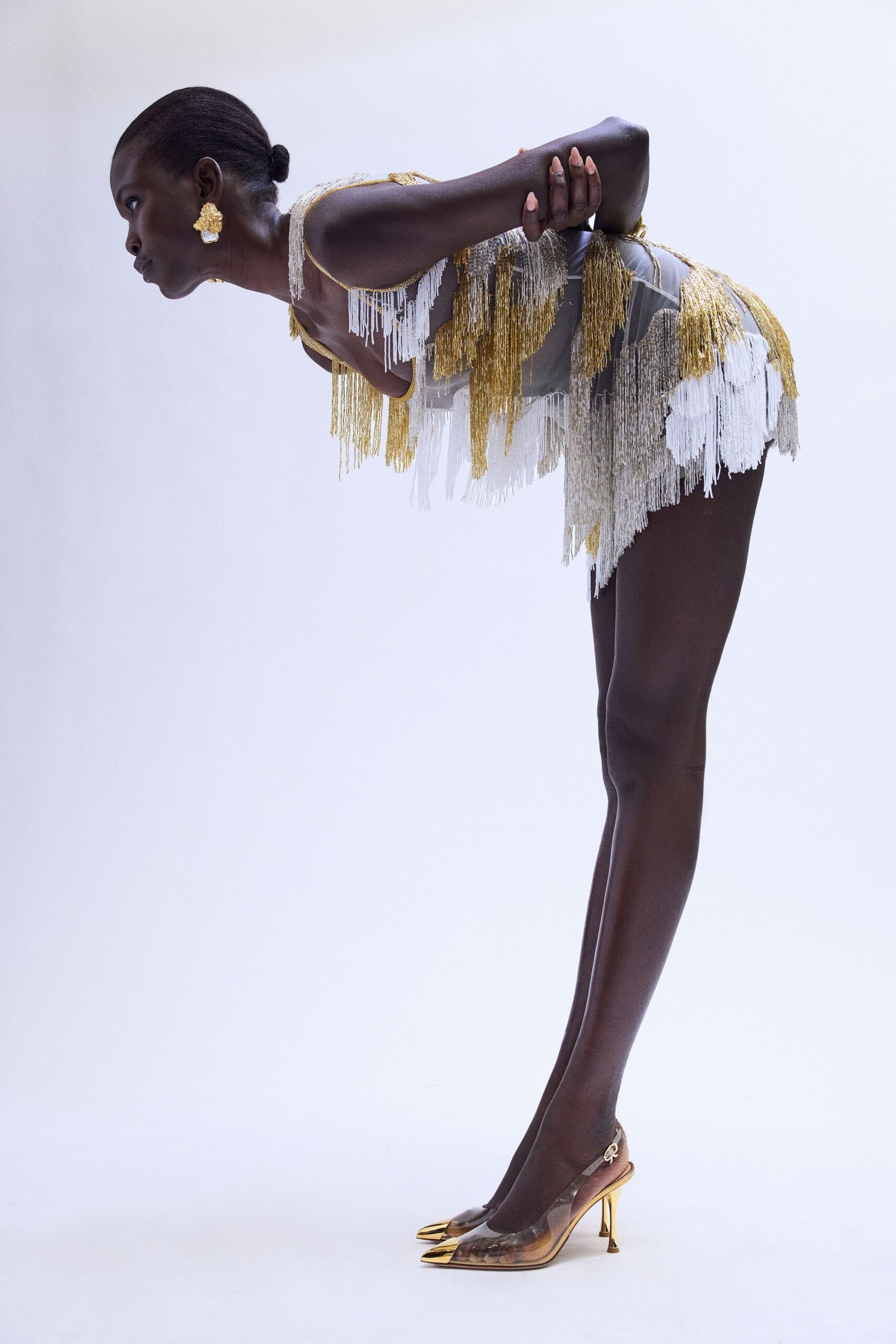 gray silk sleeveless high-neck fitted fringed embellished dress