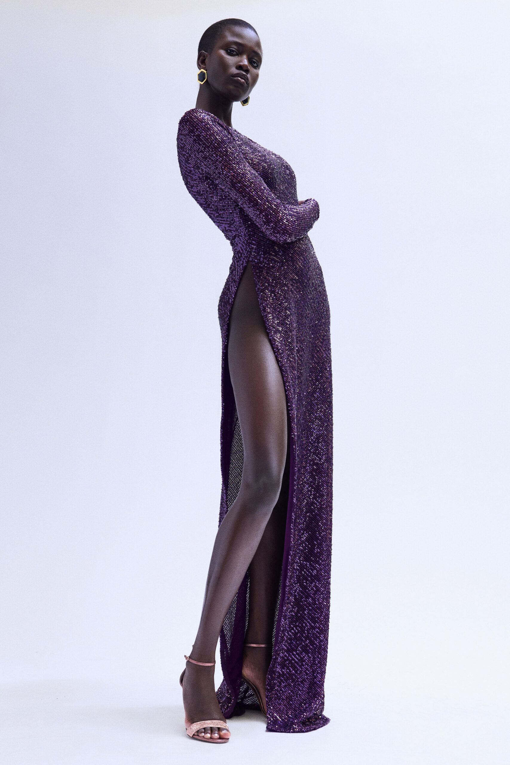 purple sequin long-sleeve v-neck fitted embellished shiny gown
