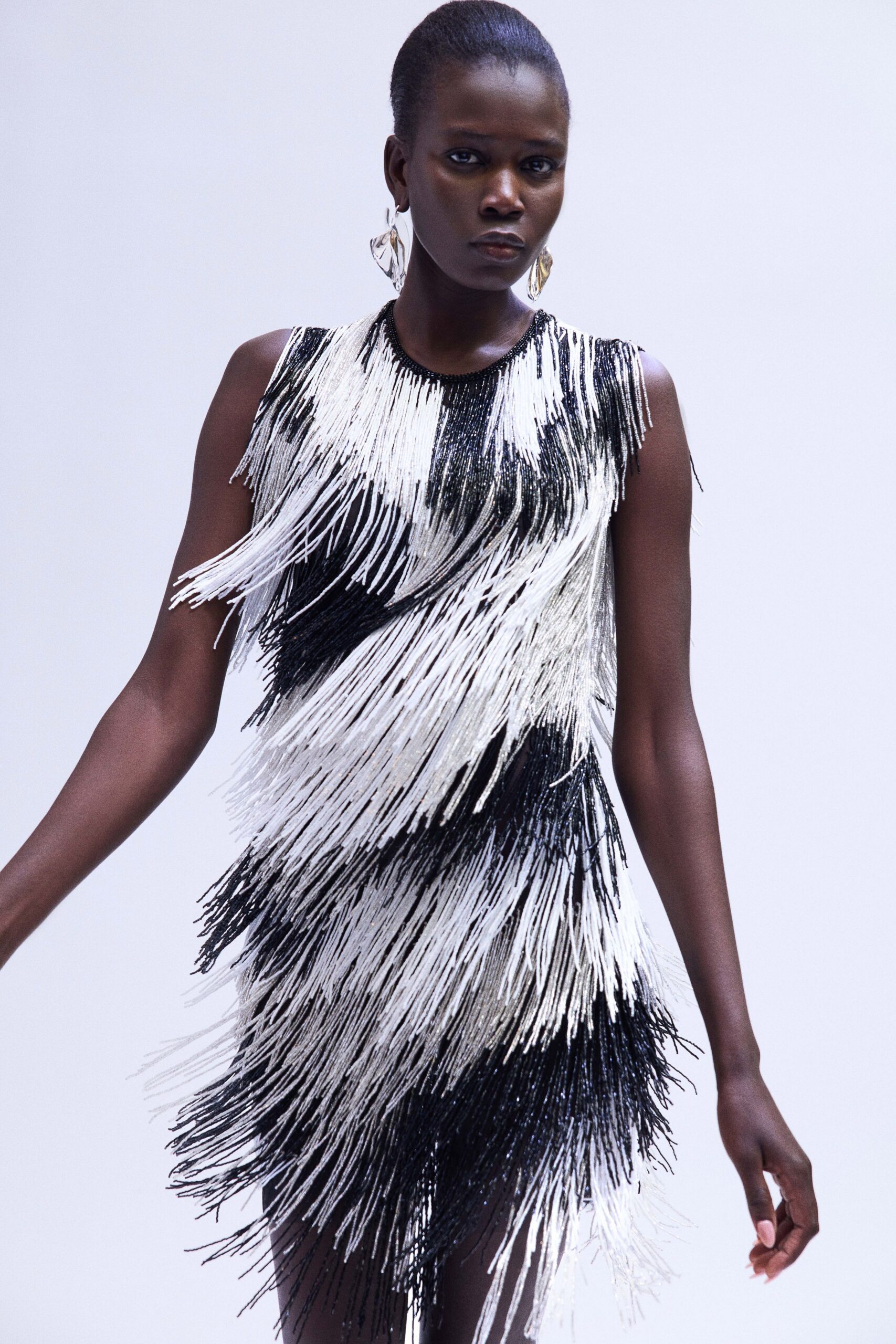 fringed black and white dress