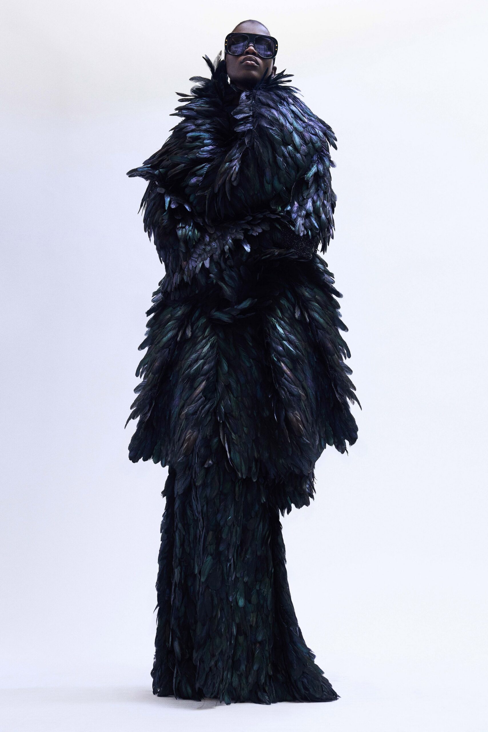 black feather long-sleeve fitted layered textured maxi gown