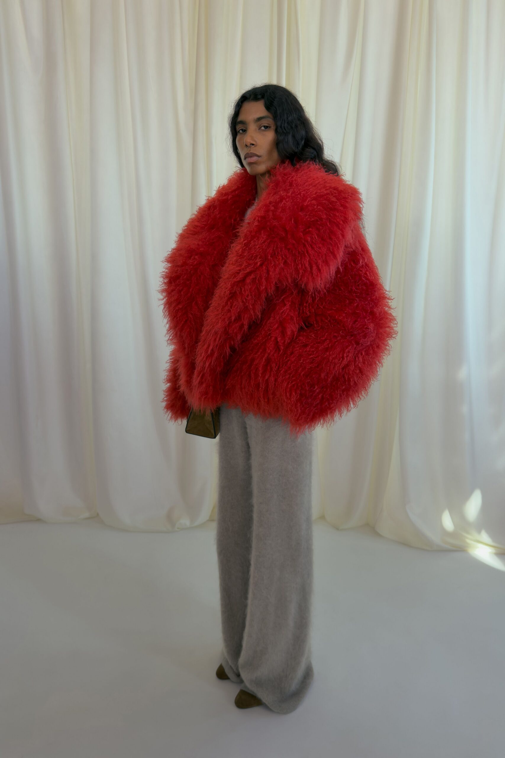 red fur oversized coat