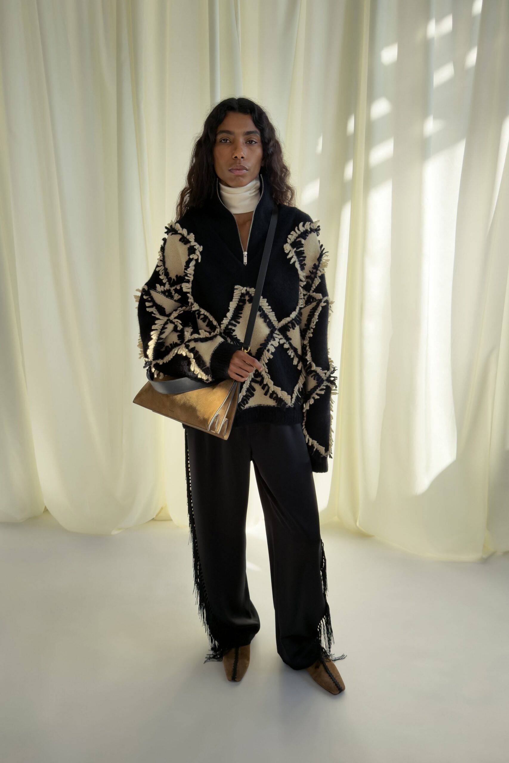 black wool long-sleeve collared relaxed fringed embroidered top