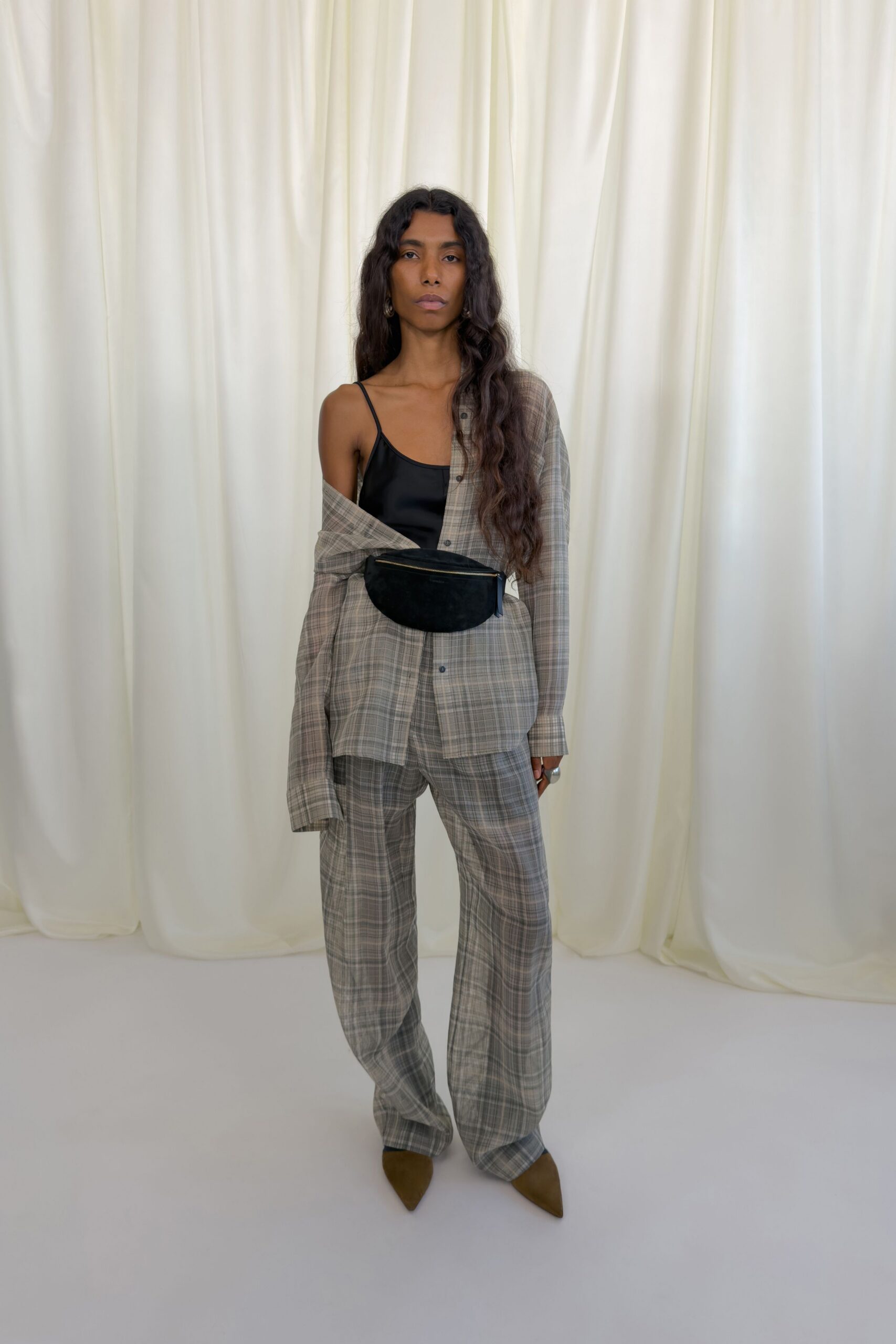 beige cotton relaxed checked pants