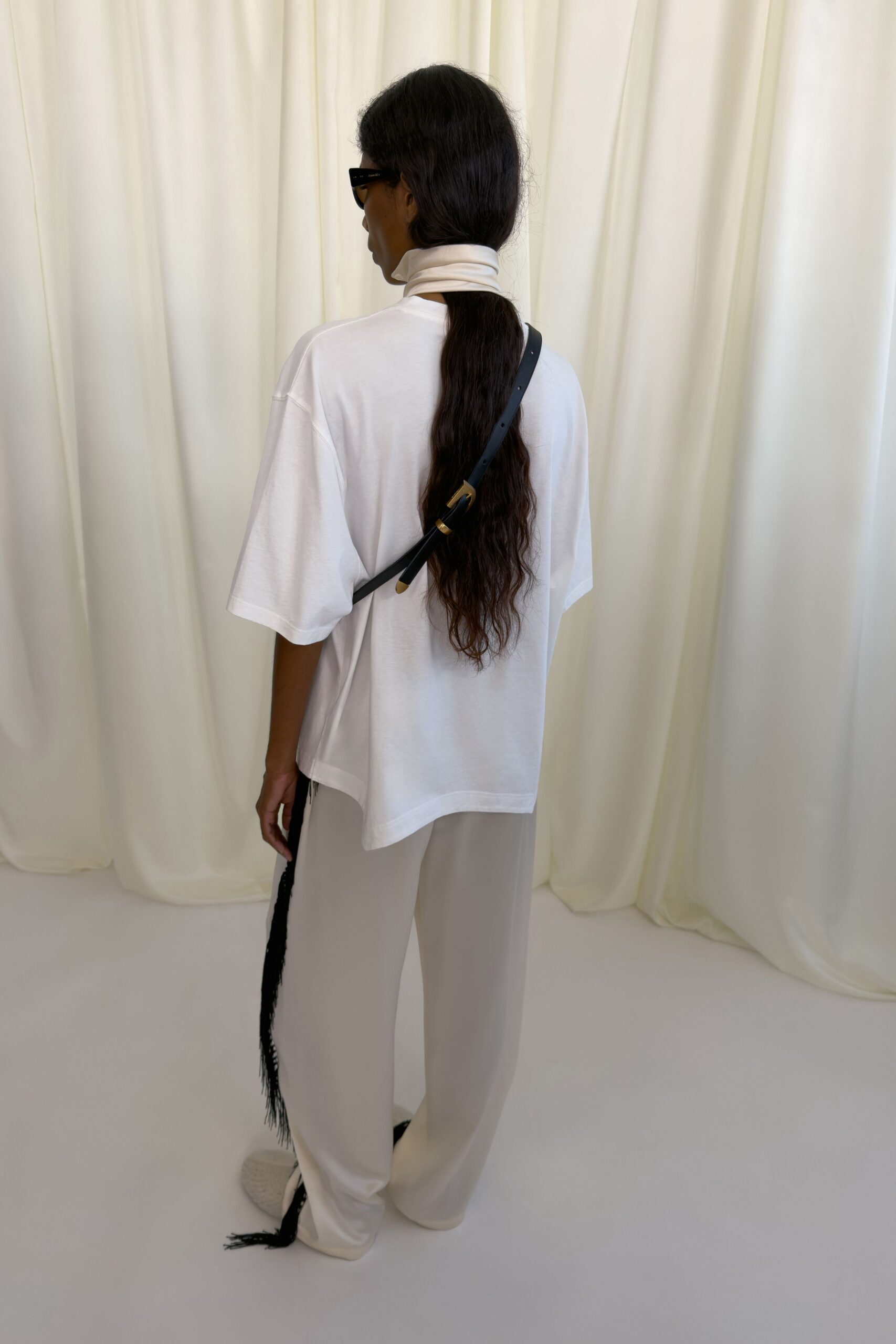 white t-shirt beige pants