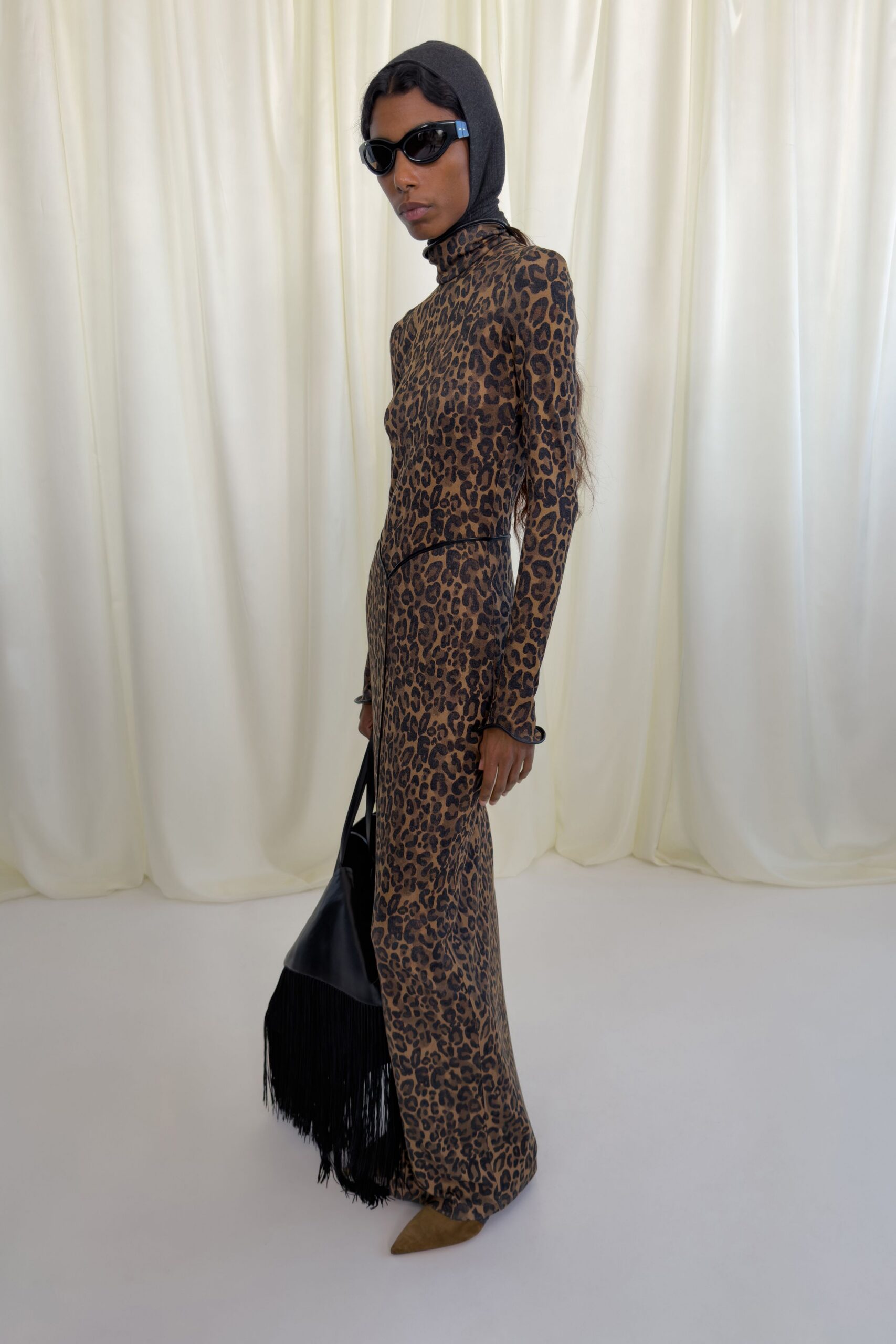 brown cotton long-sleeve high-neck fitted animal-print maxi dress