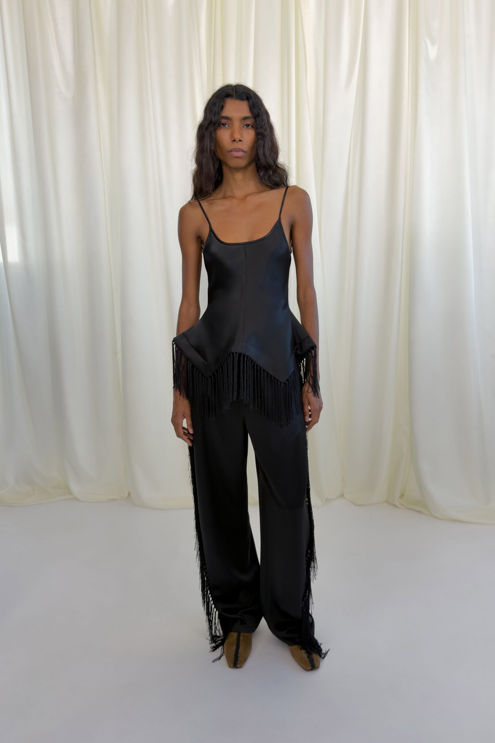 black silk fitted fringed pants