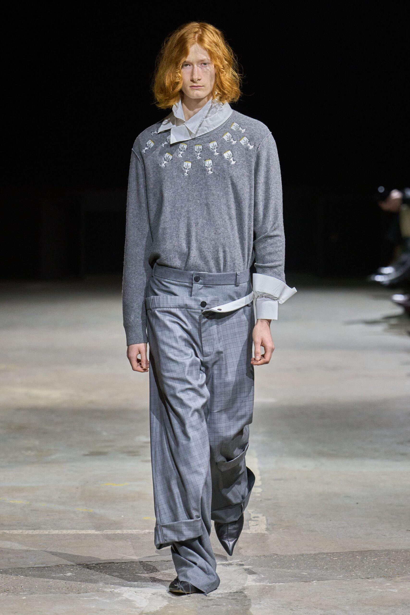 gray wool long-sleeve collared relaxed embroidered sweater