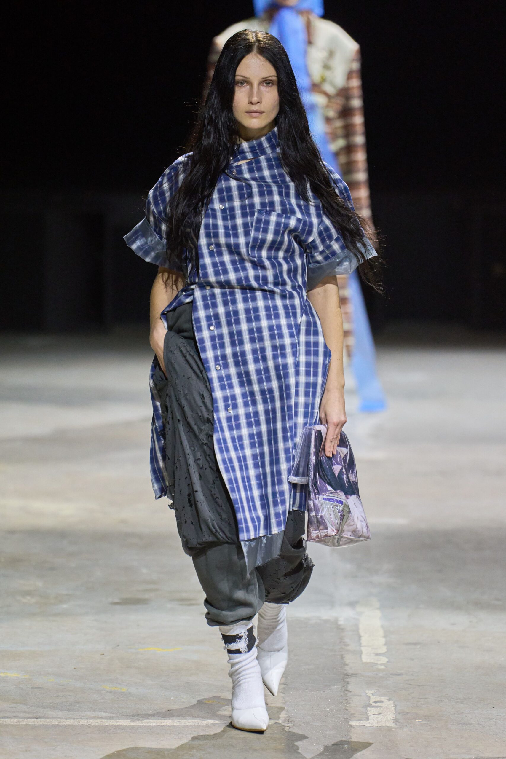 blue and white checked midi dress