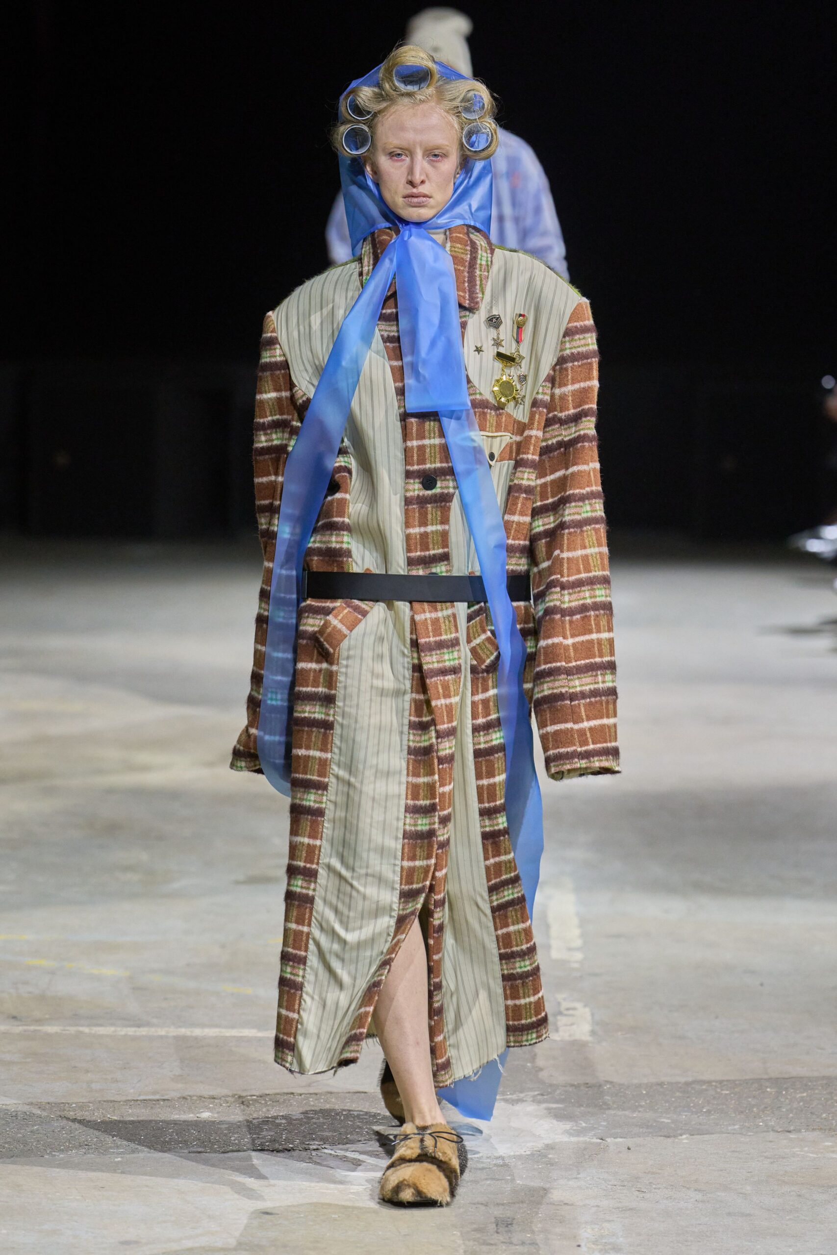 brown cotton long-sleeve collared relaxed checked layered dress