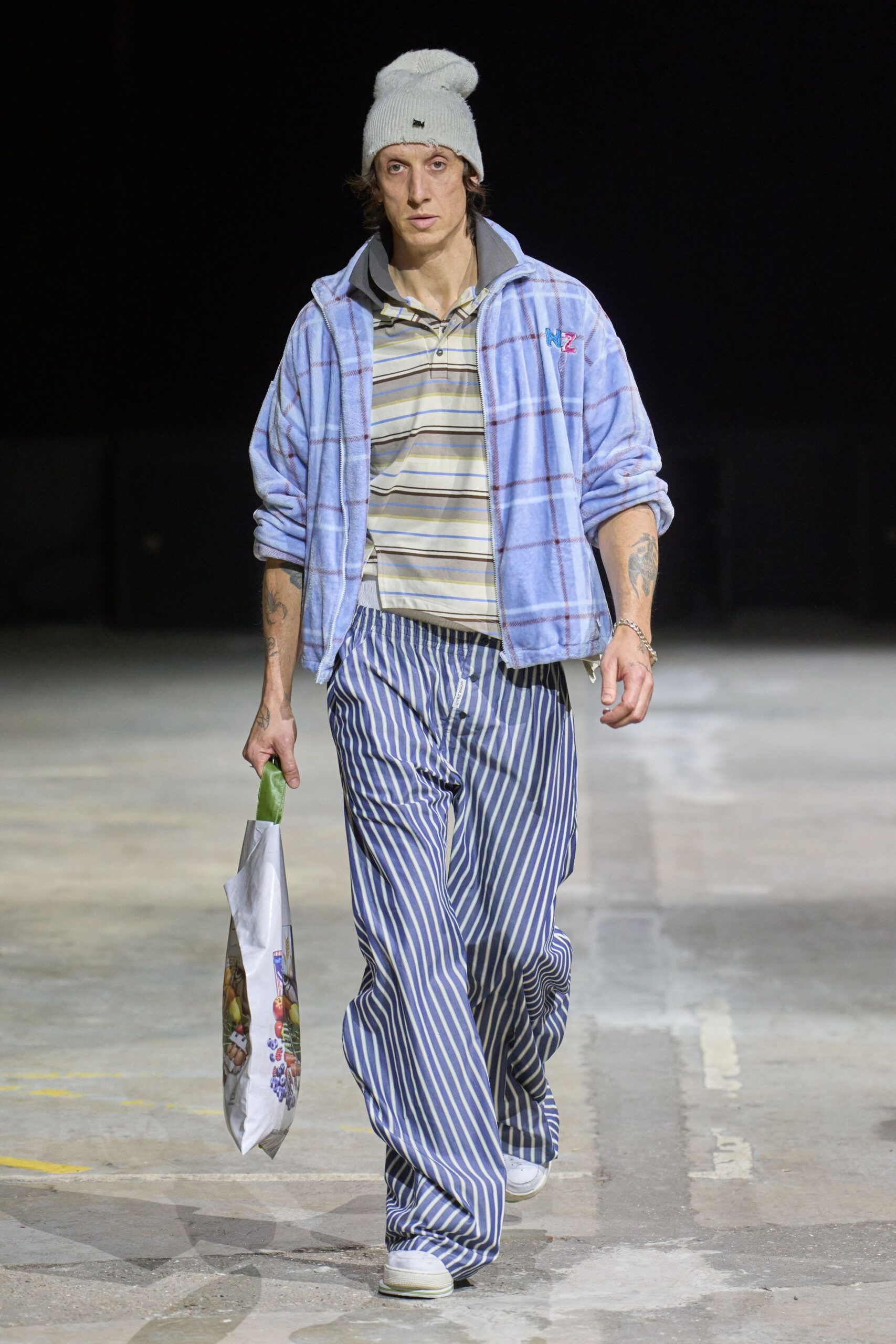 blue checked jacket with striped pants