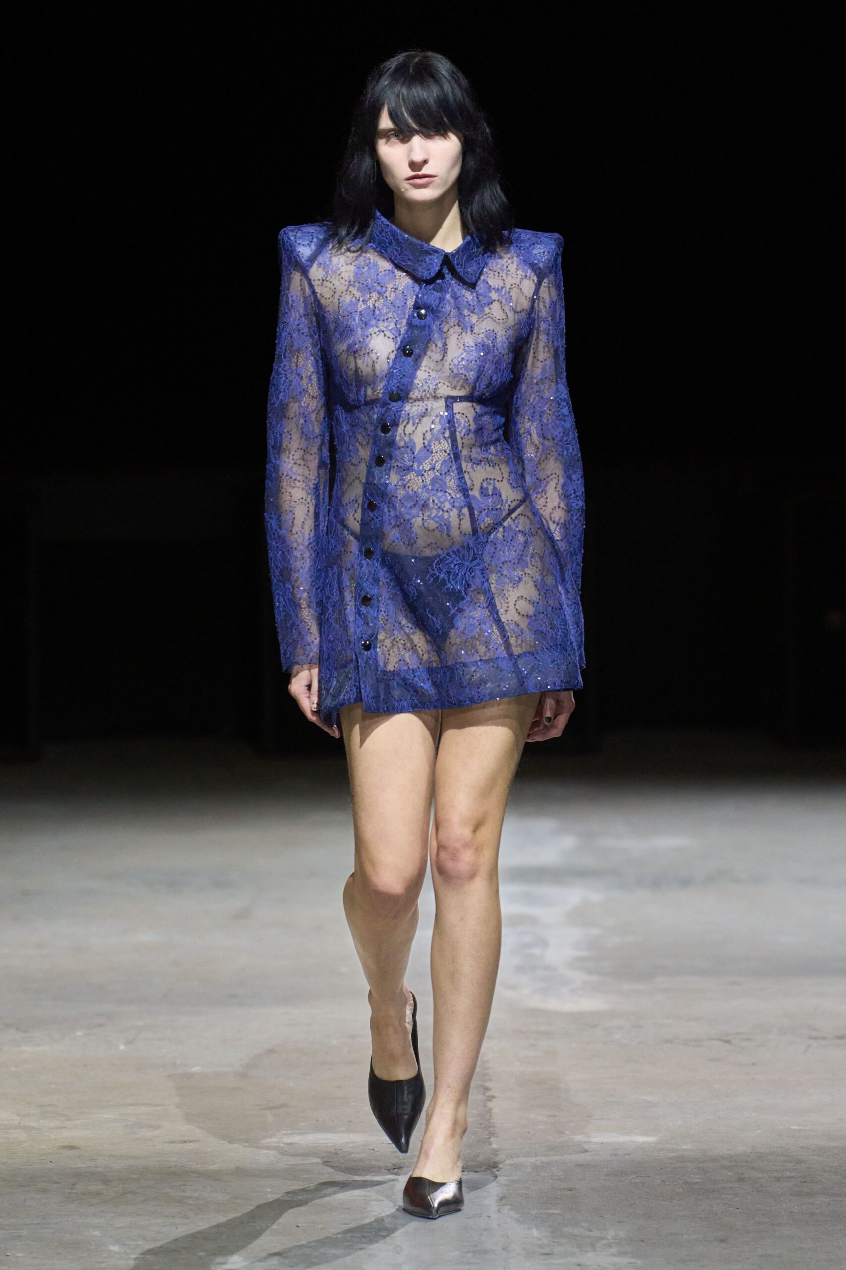 blue lace long-sleeve collared fitted buttoned sheer blazer