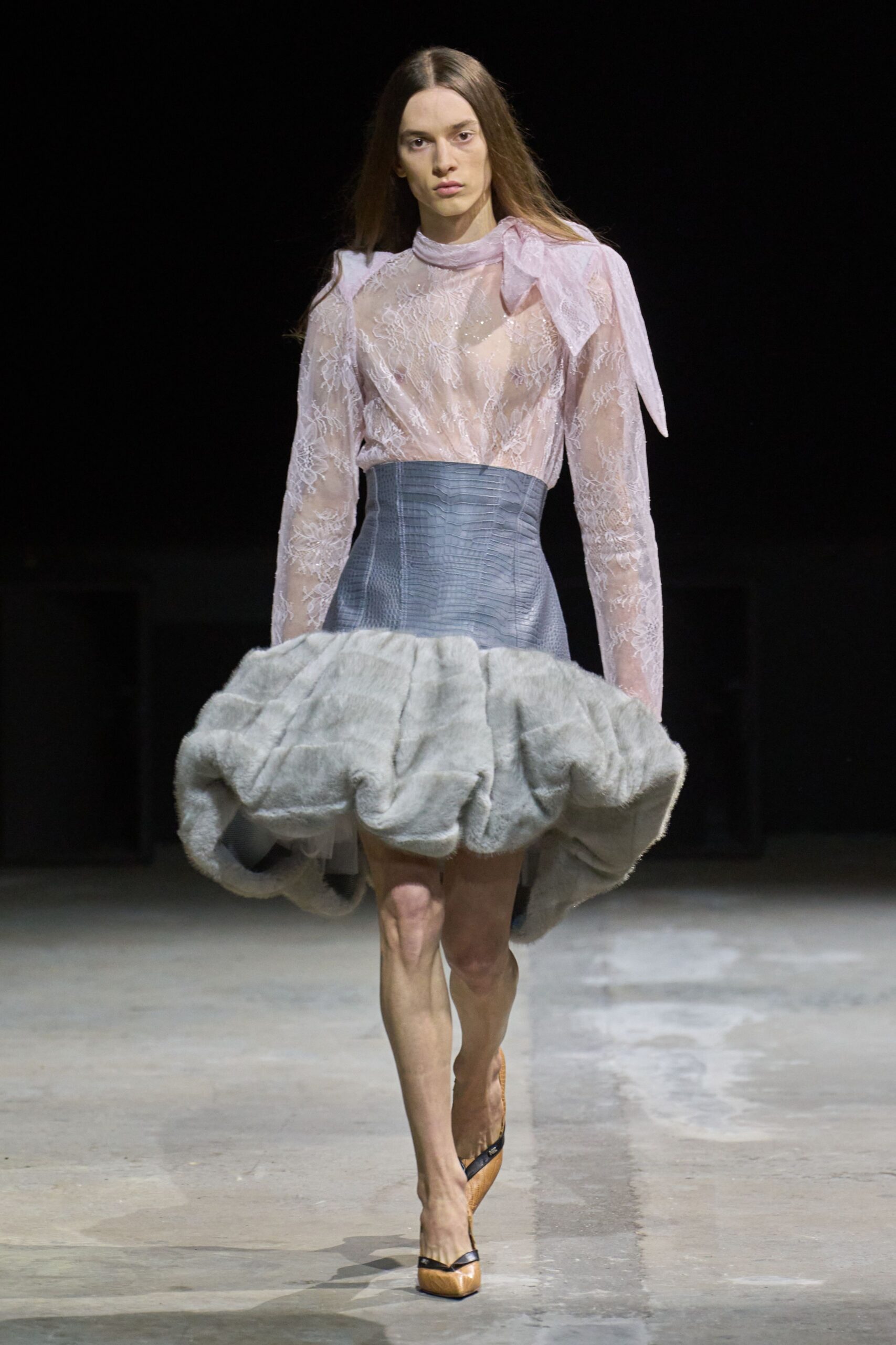 gray fur structured tiered mini skirt