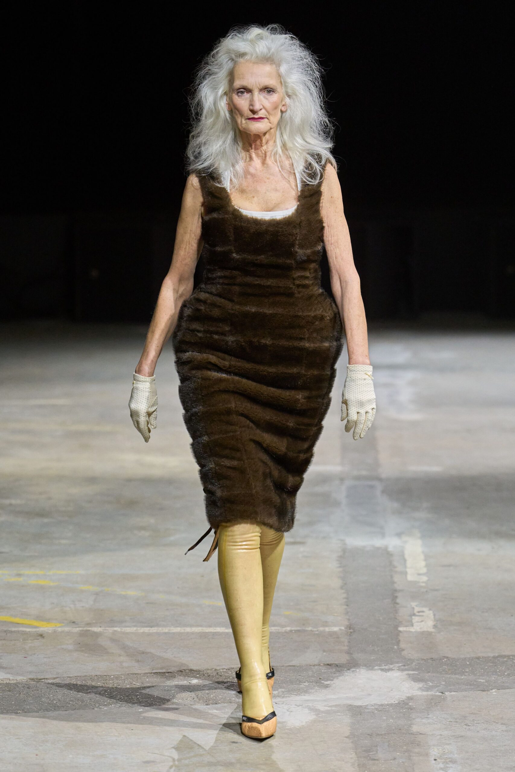 brown fur sleeveless v-neck fitted ruched midi dress