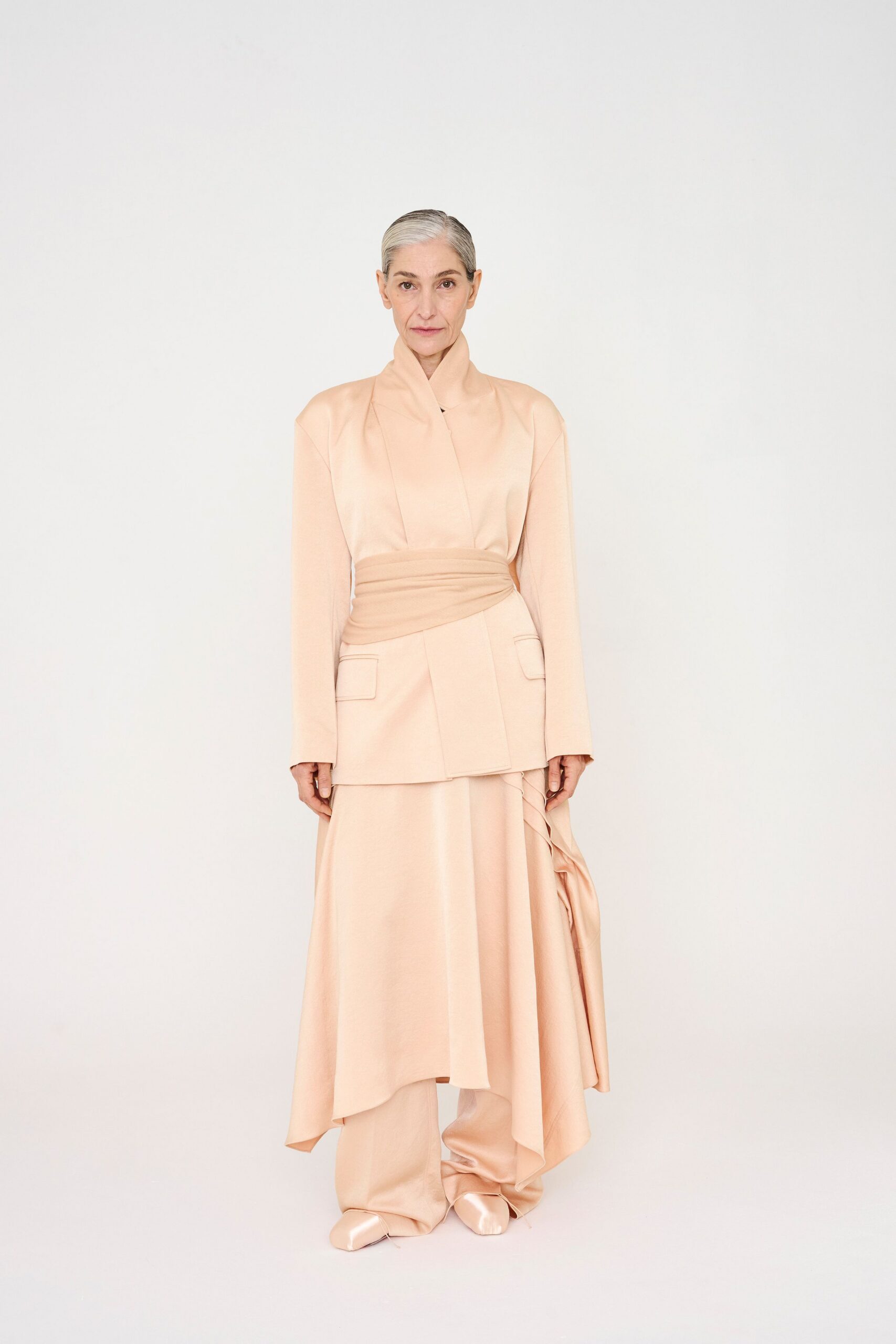 coral silk long-sleeve collared fitted draped maxi dress