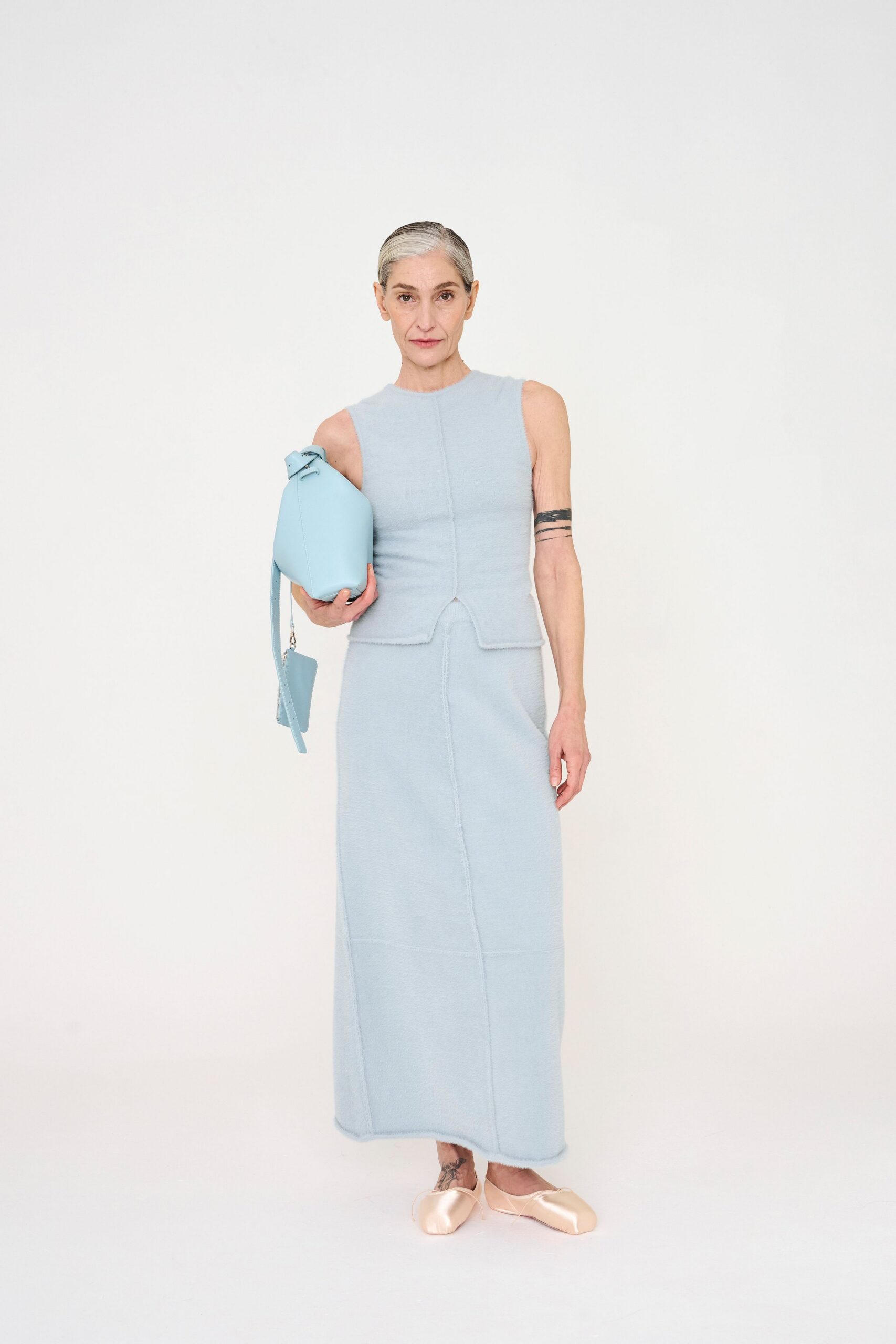 blue cotton sleeveless high-neck fitted straight-leg maxi dress