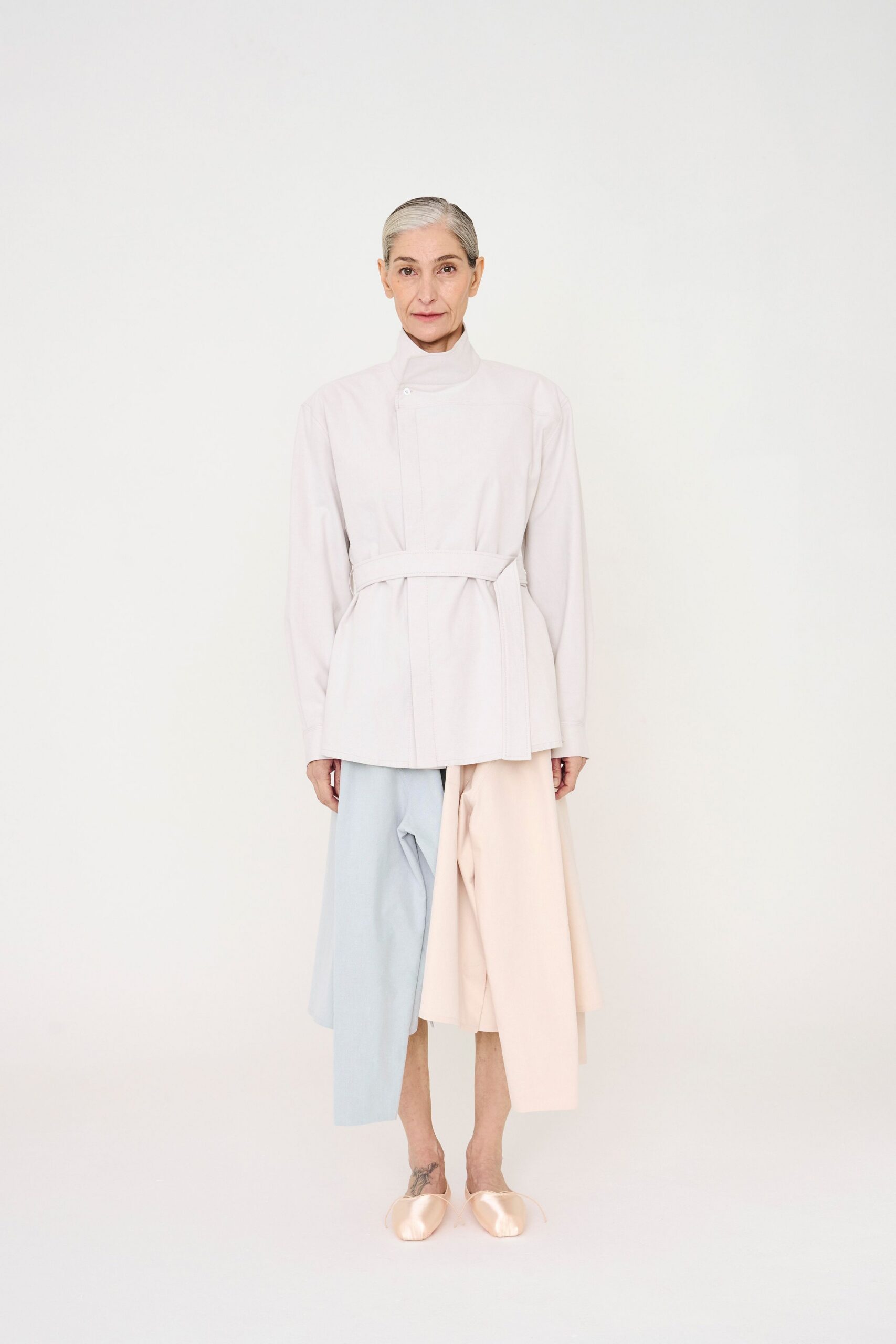 white relaxed jacket with layered skirt