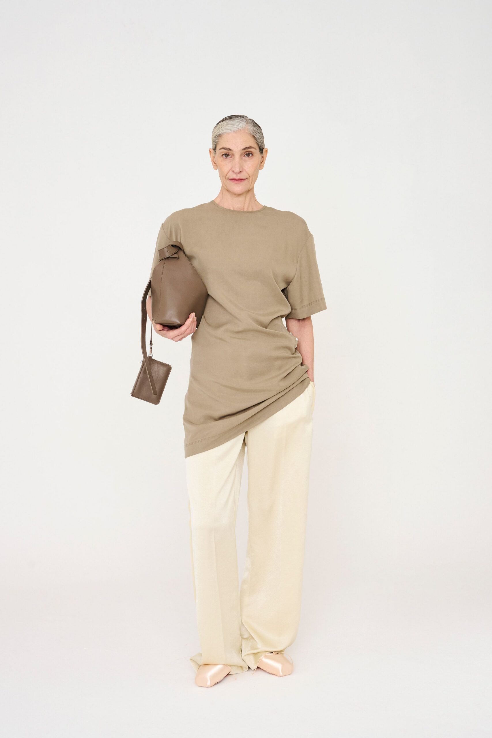 beige cotton short-sleeve collared relaxed draped top