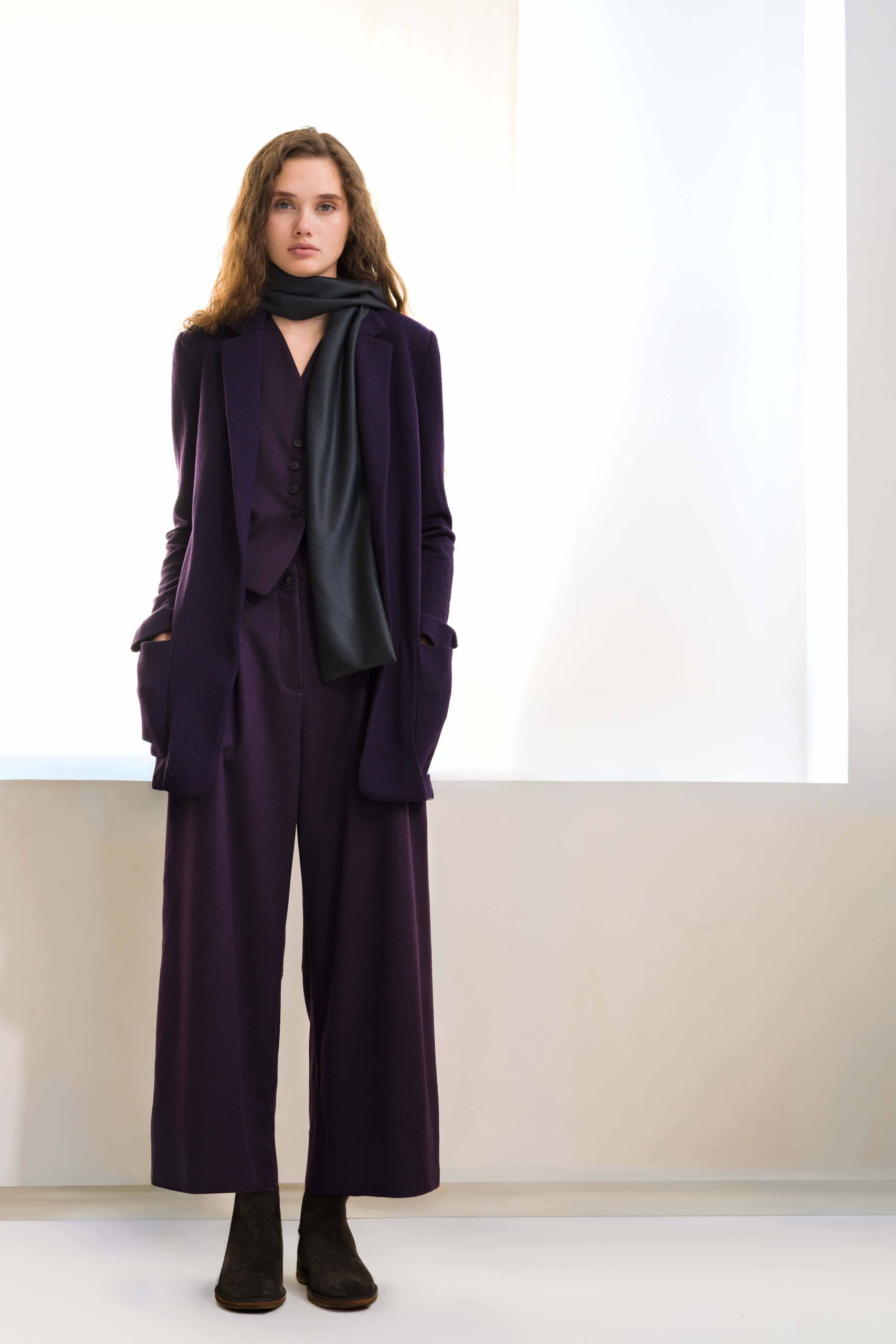purple tailored blazer and relaxed pants