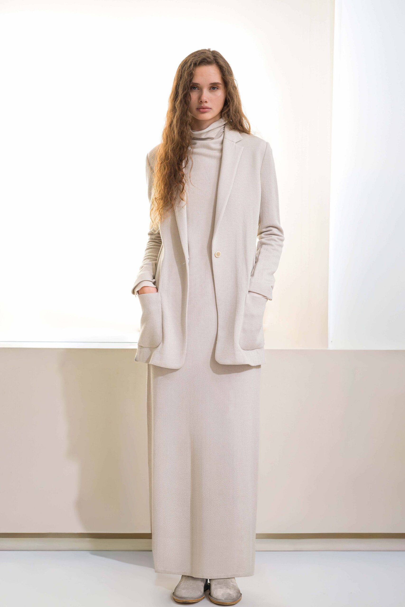 beige wool long-sleeve high-neck fitted straight-leg maxi gown