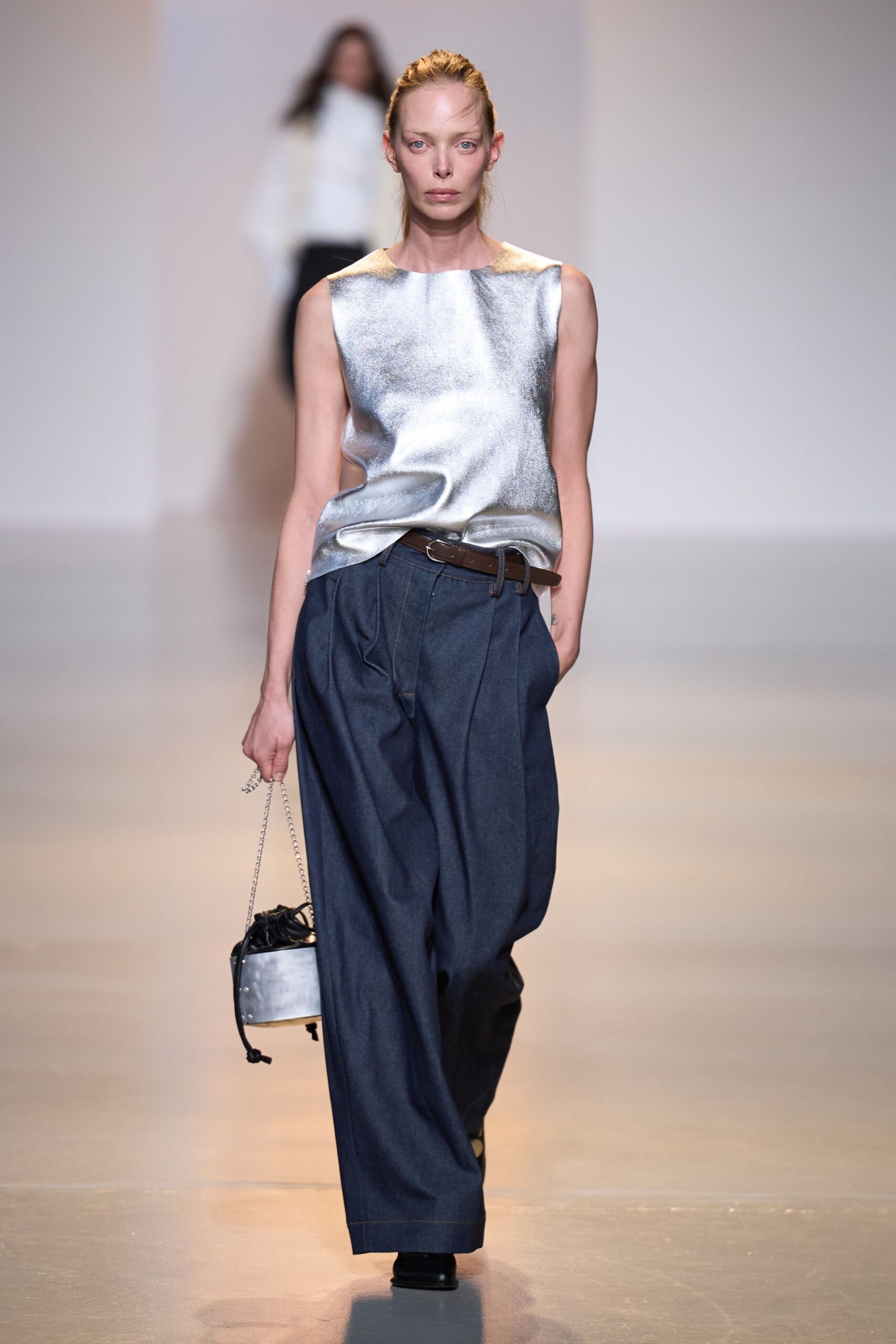 gray silk sleeveless high-neck relaxed shiny top