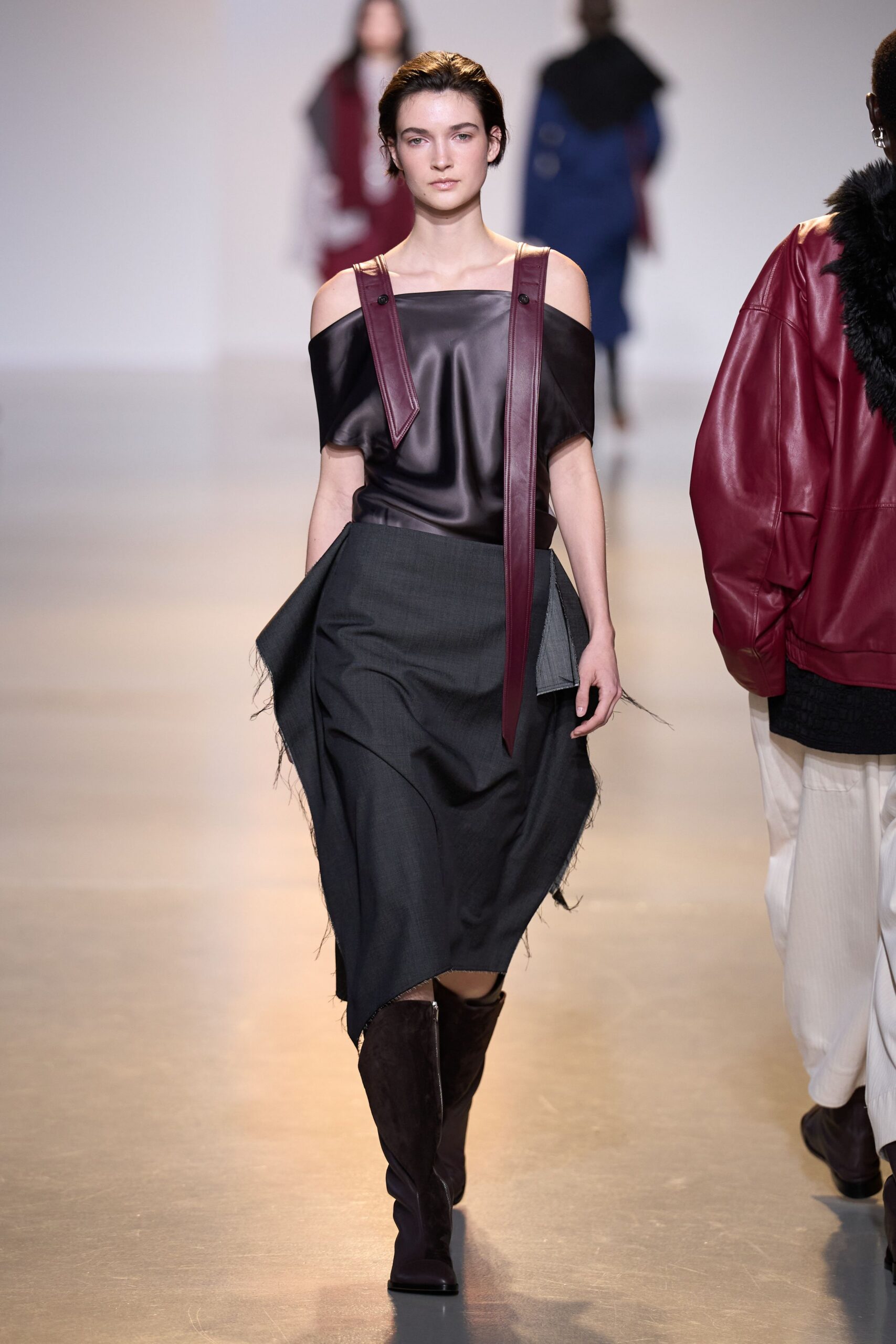 purple silk sleeveless off-shoulder fitted draped top