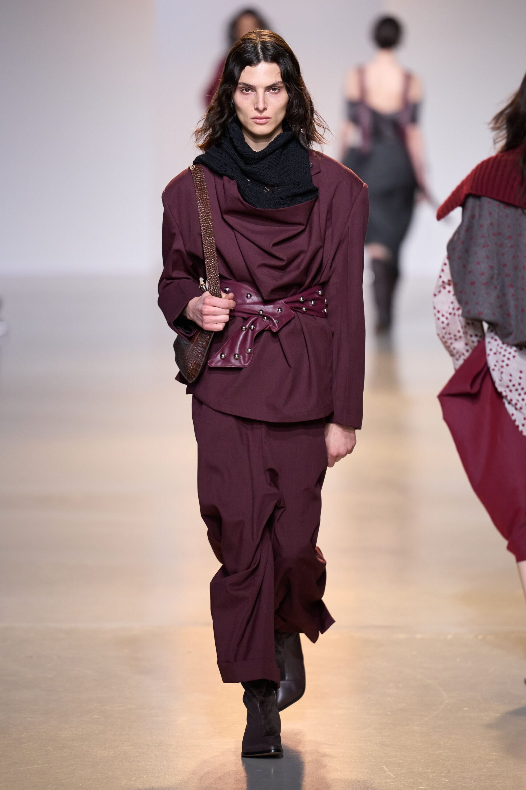 maroon cotton long-sleeve collared relaxed belted jacket