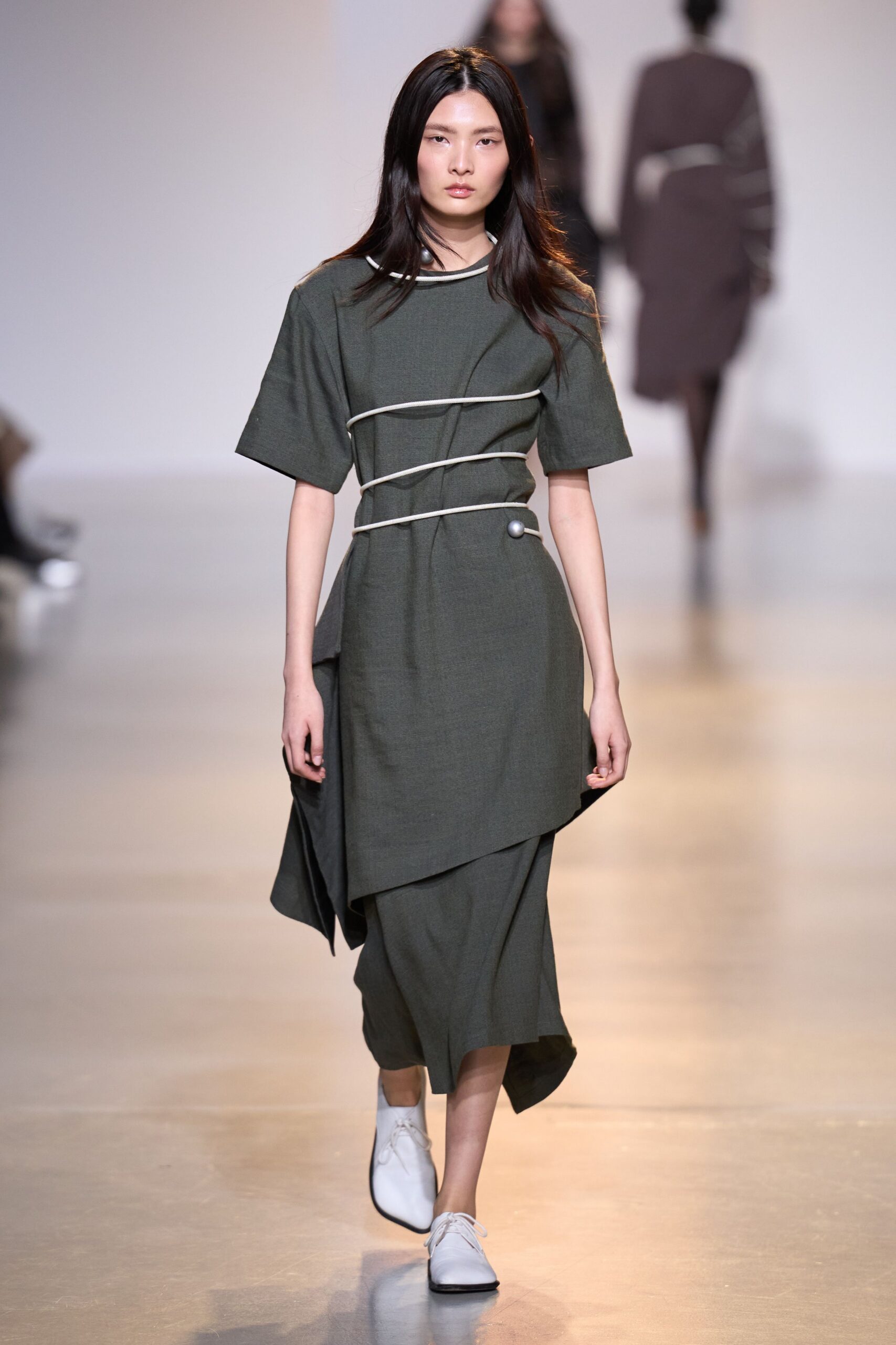 green cotton short-sleeve asymmetric relaxed draped midi dress