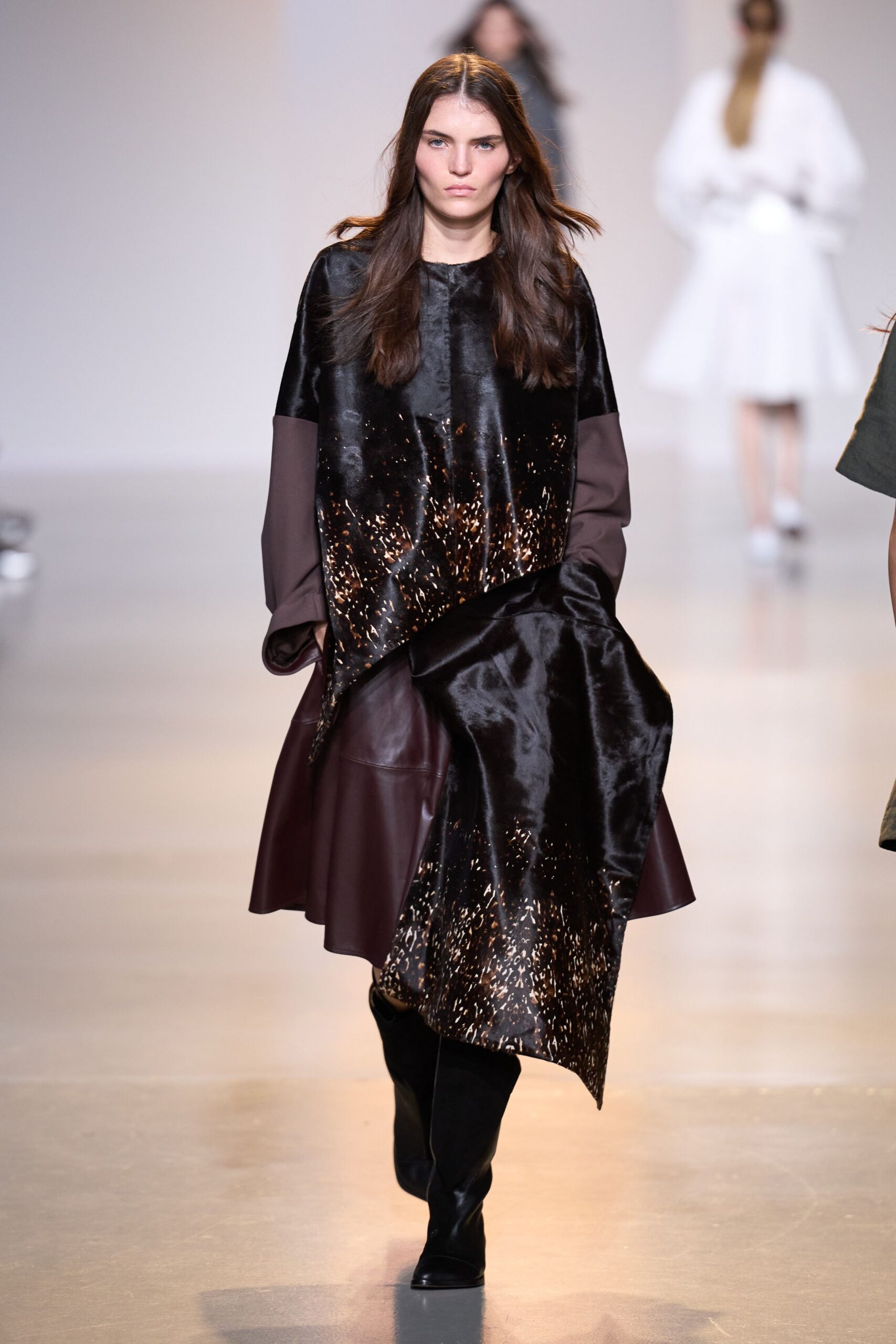 black silk long-sleeve fitted draped layered shiny dress