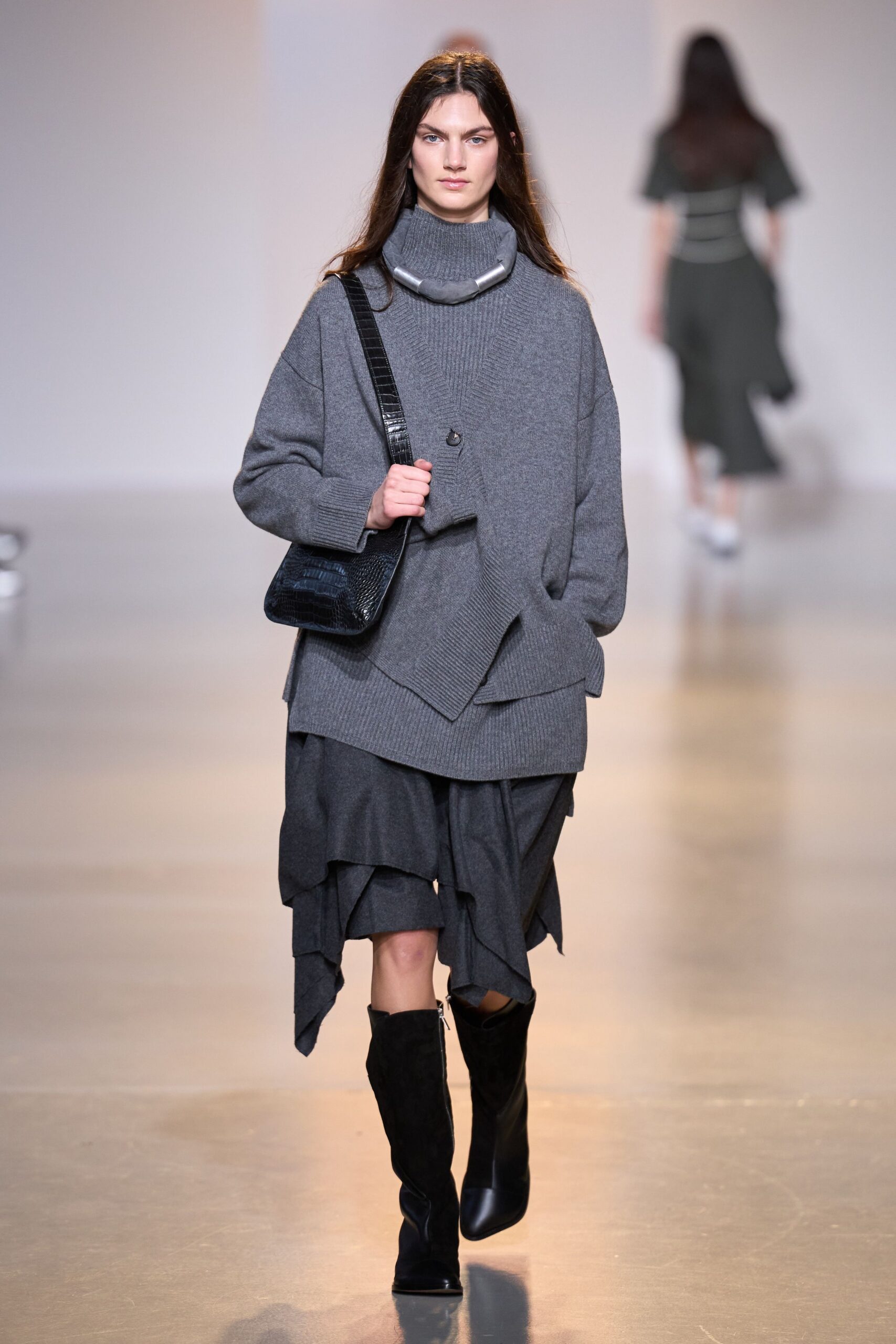 gray wool long-sleeve turtleneck oversized draped sweater