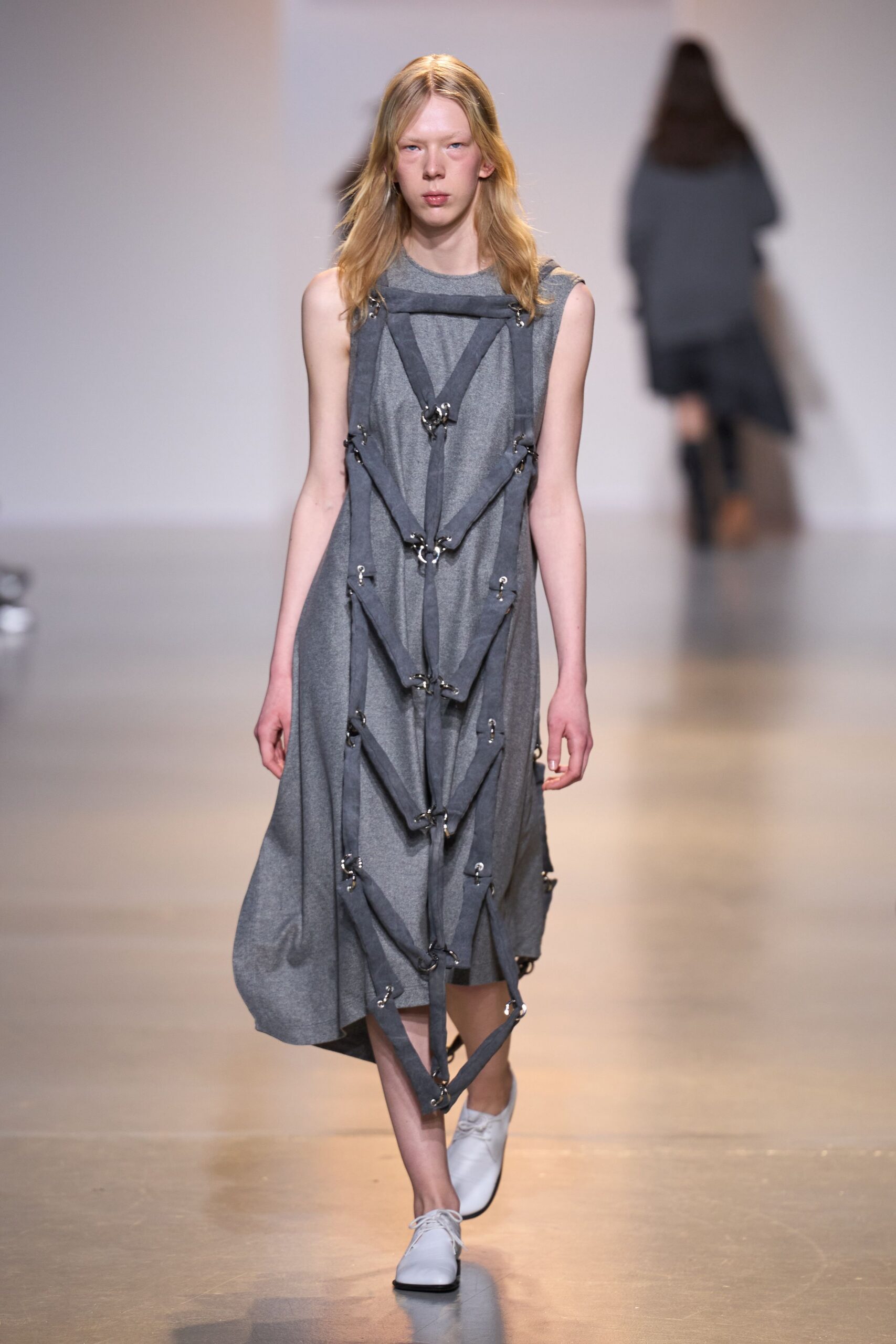 gray cotton sleeveless high-neck relaxed draped zippered dress