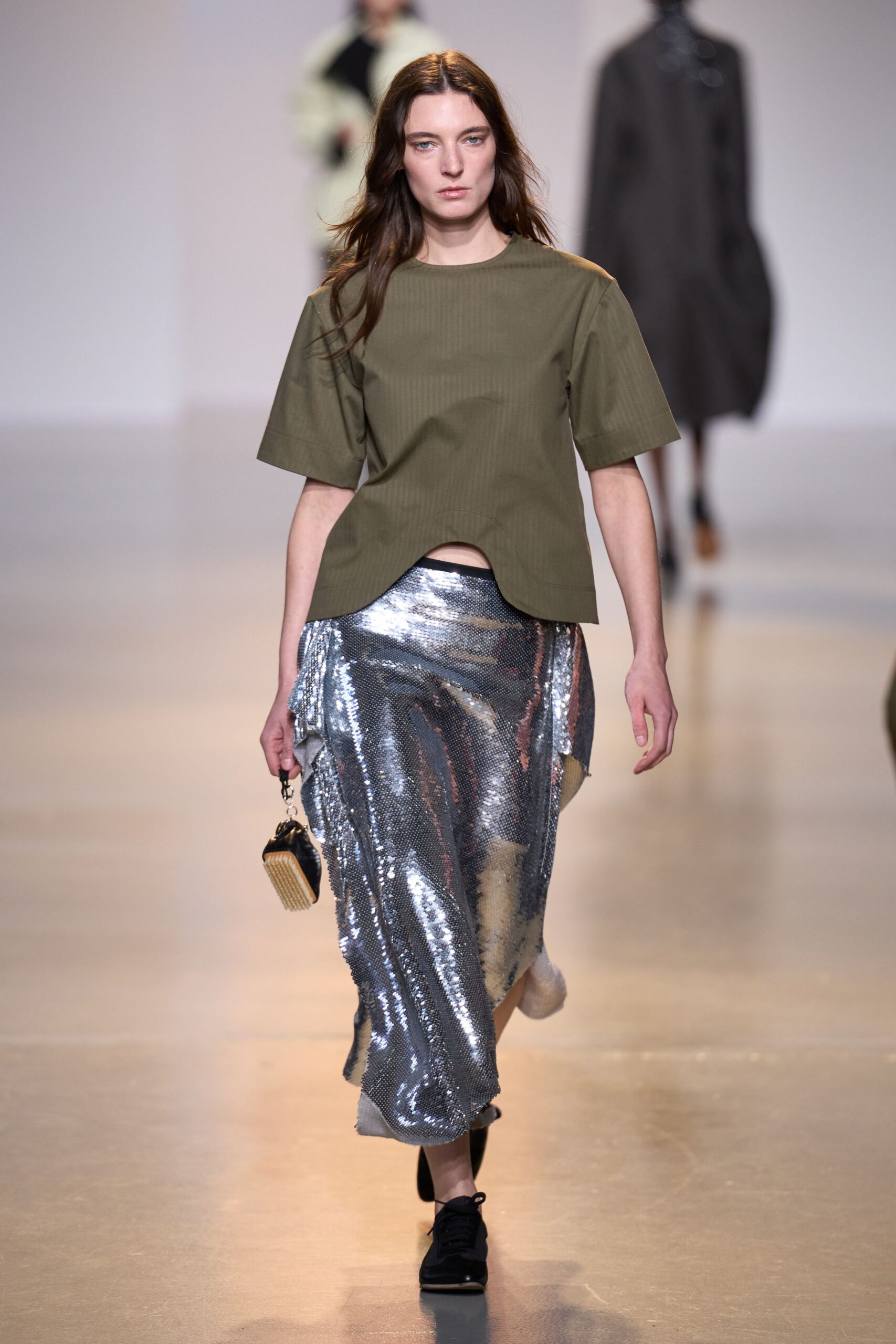 gray sequin asymmetric fitted draped shiny midi skirt