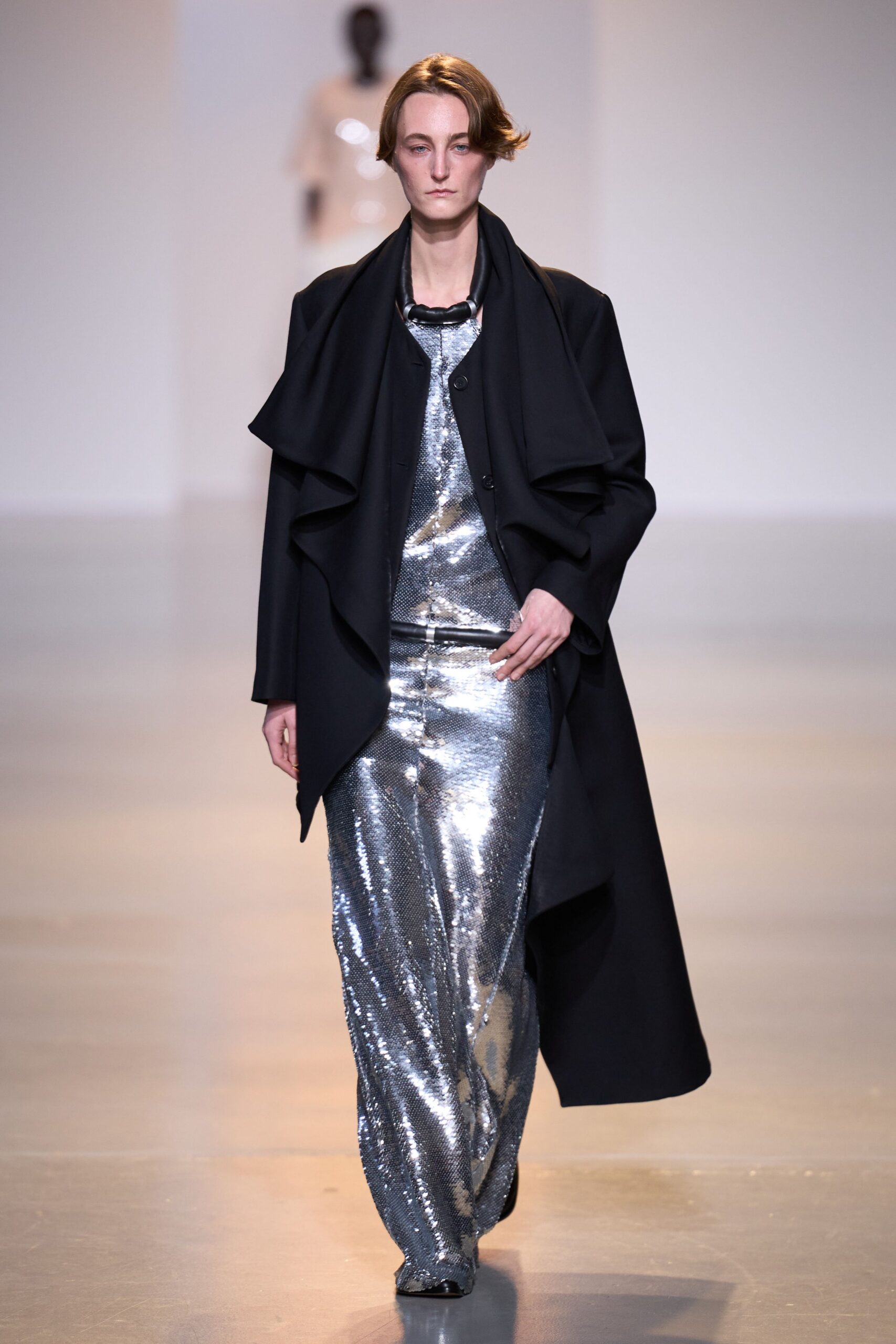 gray sequin sleeveless v-neck fitted straight-leg shiny gown