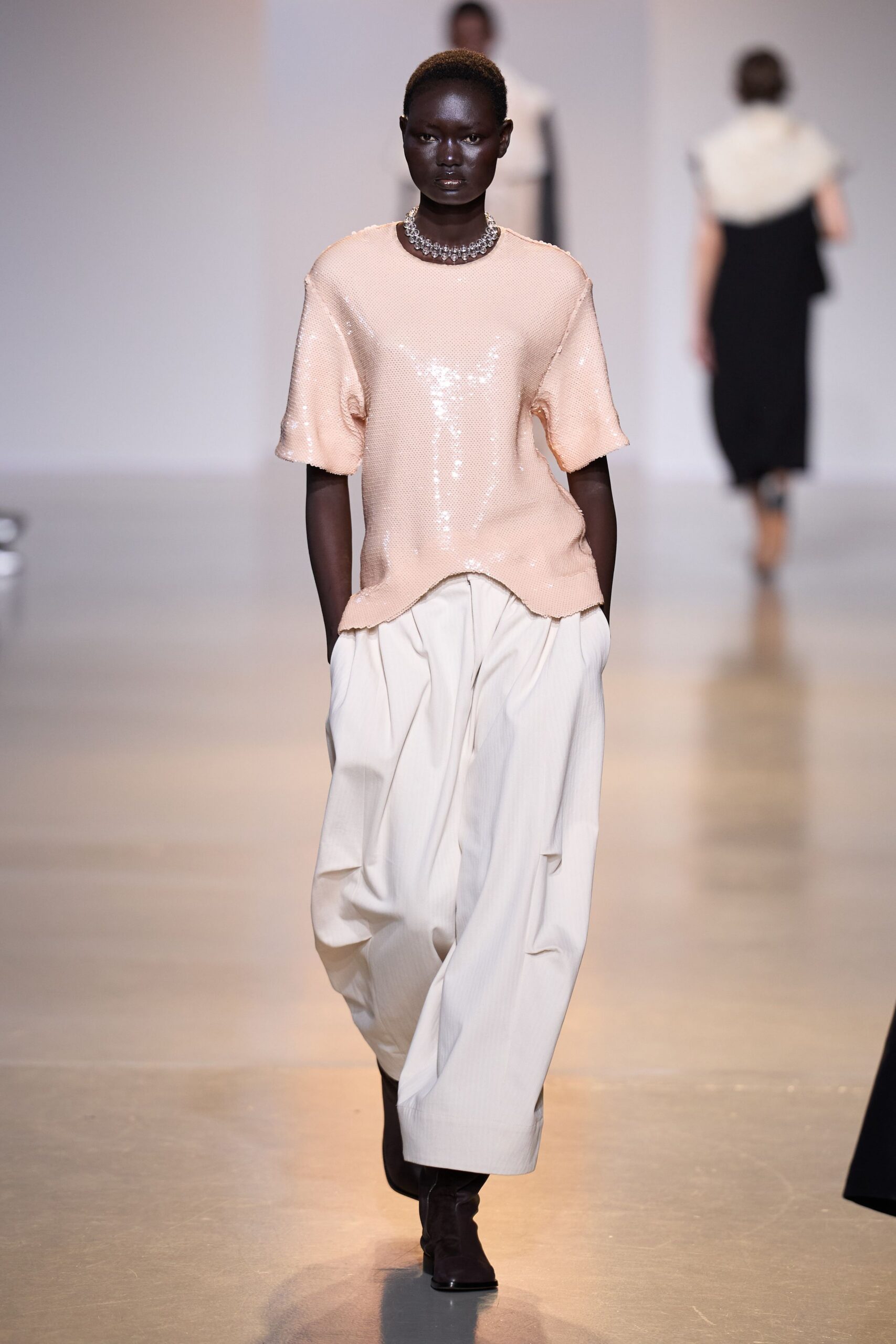 pink sequin short-sleeve collared relaxed shiny top