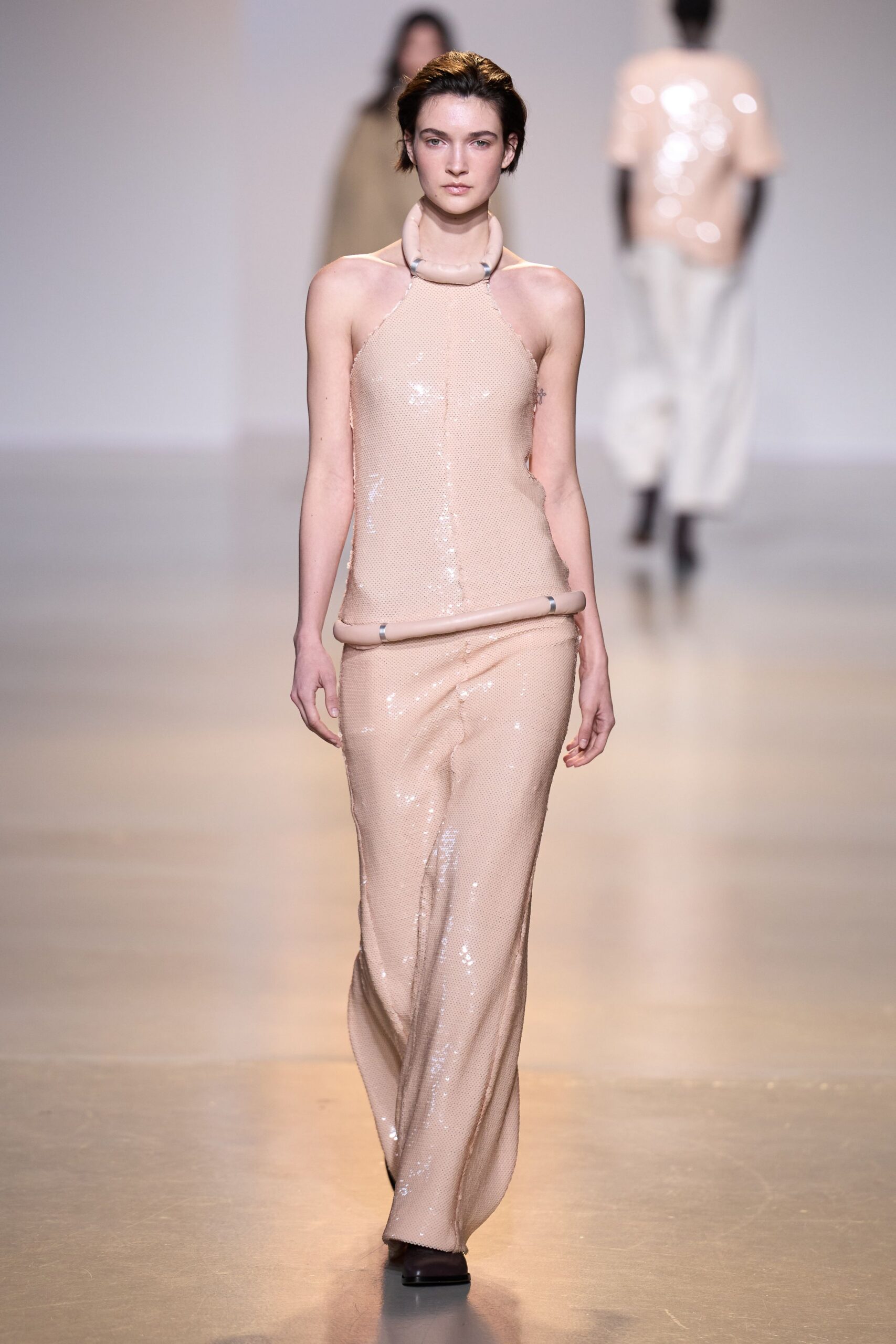 beige sequin sleeveless high-neck fitted draped shiny gown