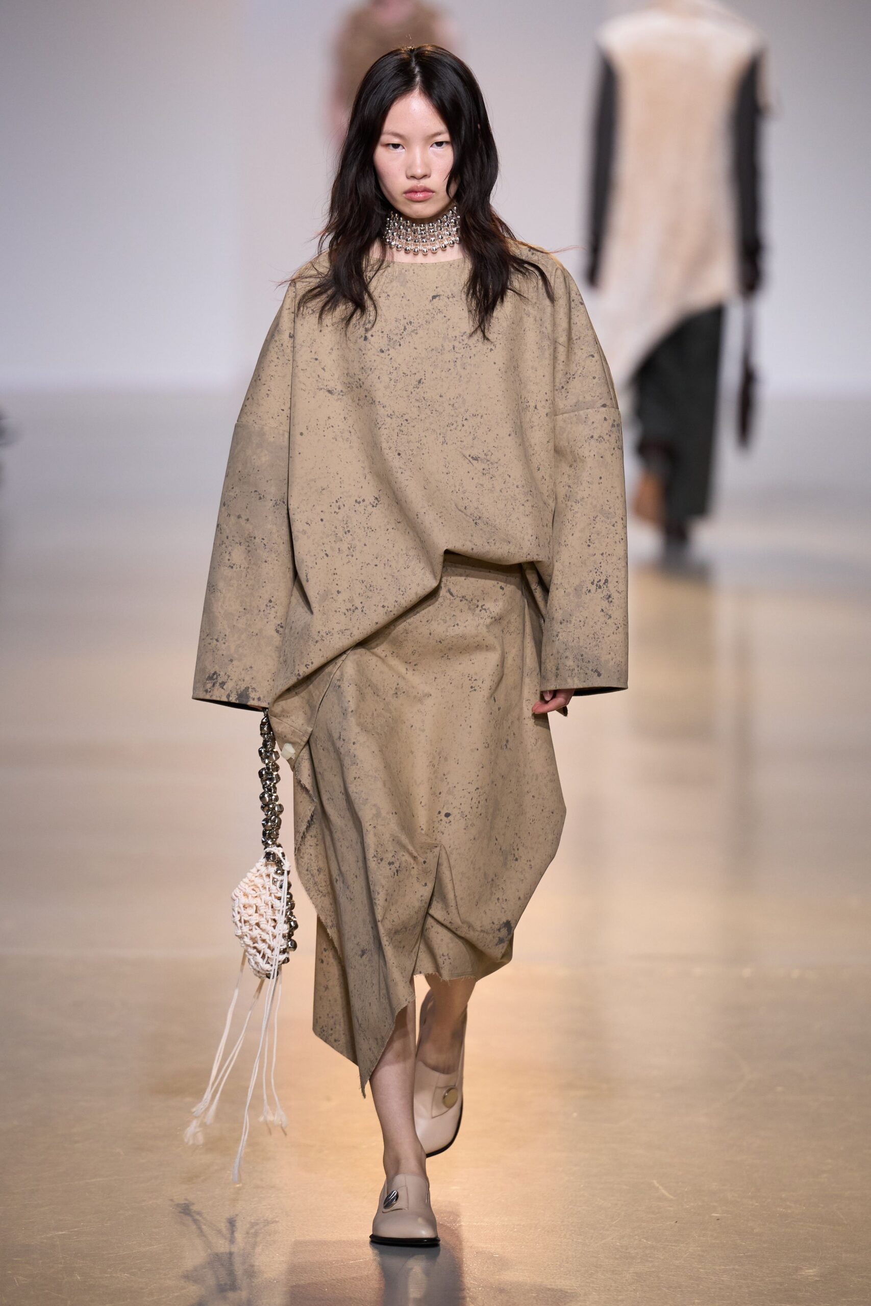 beige cotton long-sleeve high-neck oversized draped top