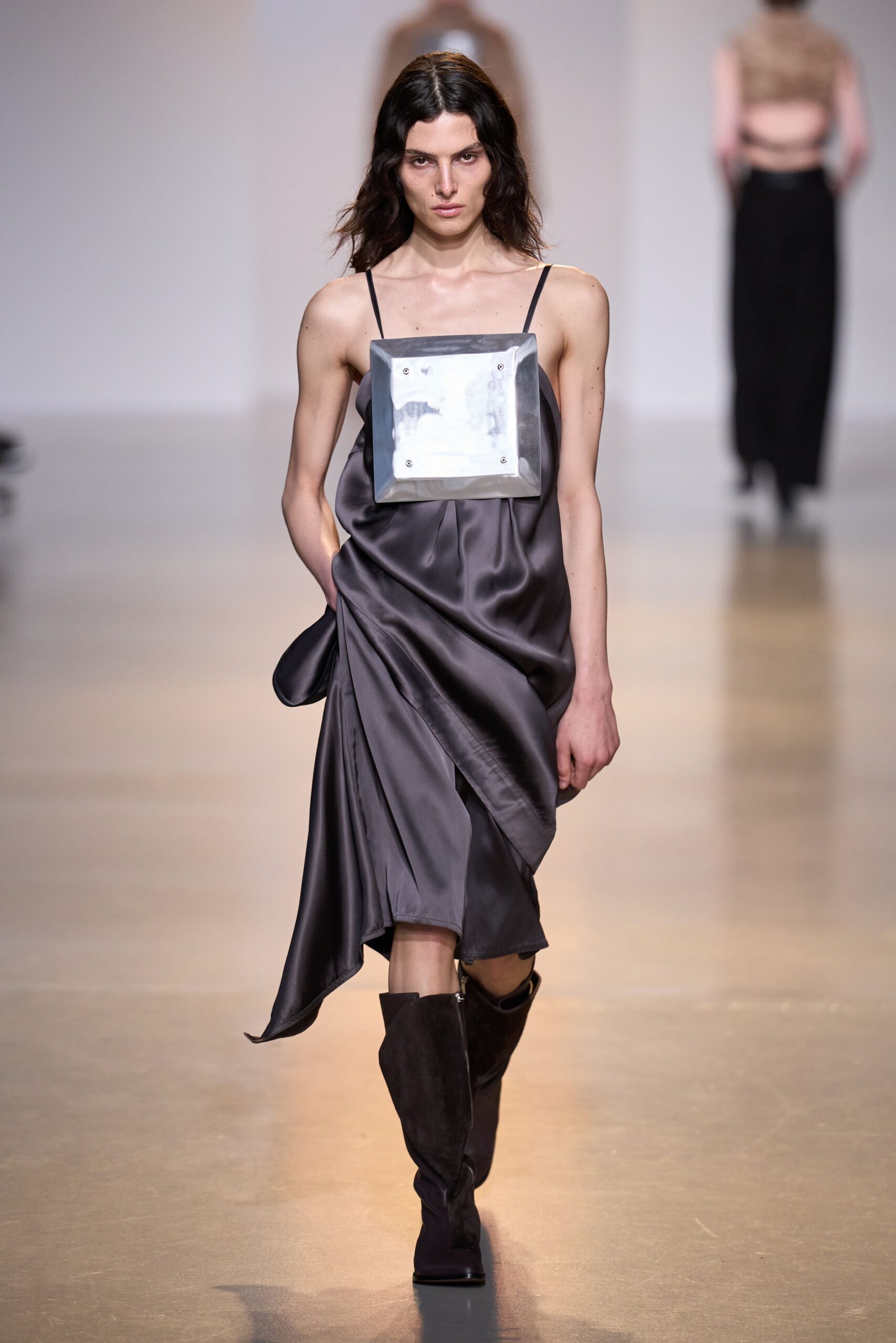 gray silk sleeveless v-neck fitted draped flowing dress