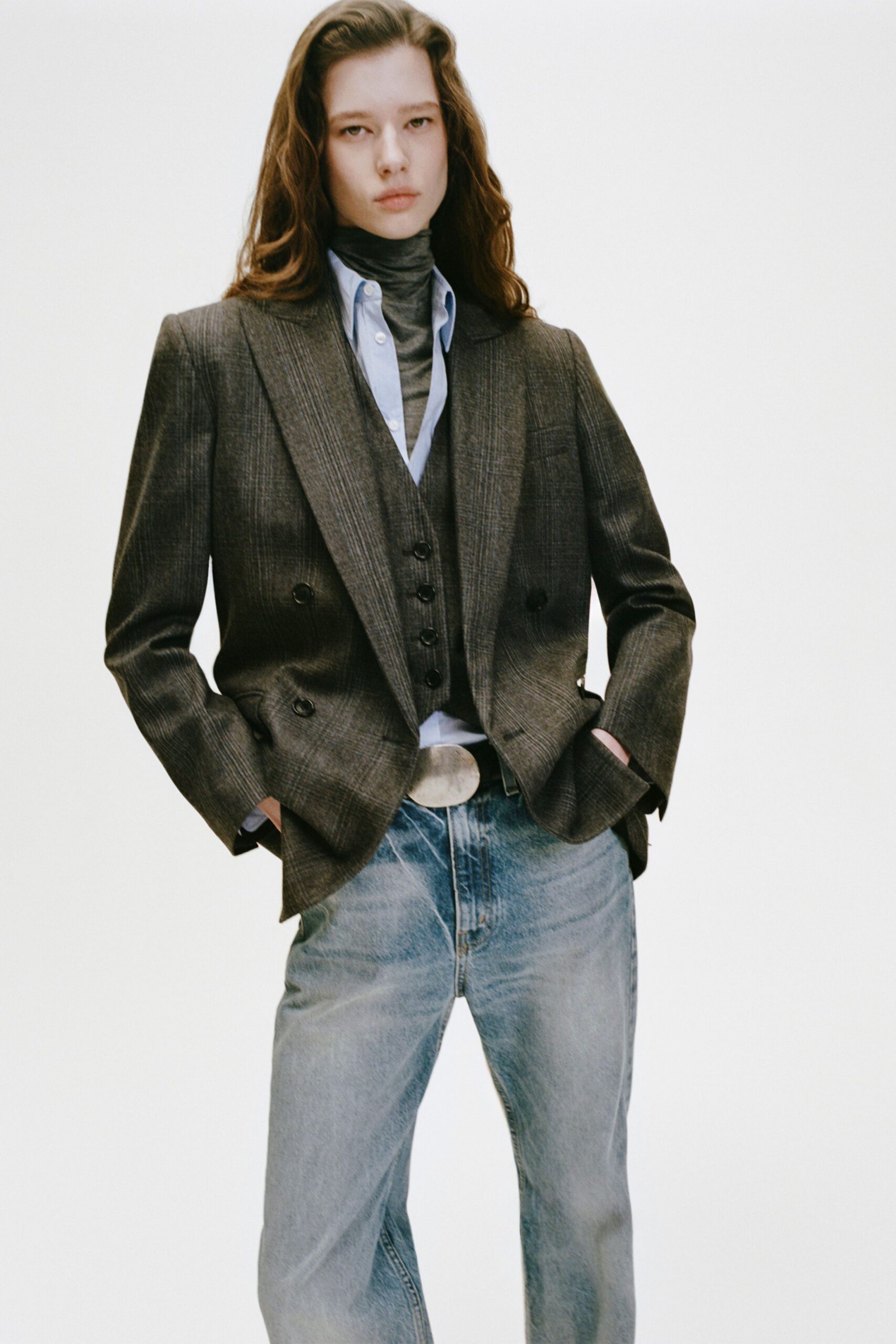 brown wool long-sleeve collared tailored checked blazer
