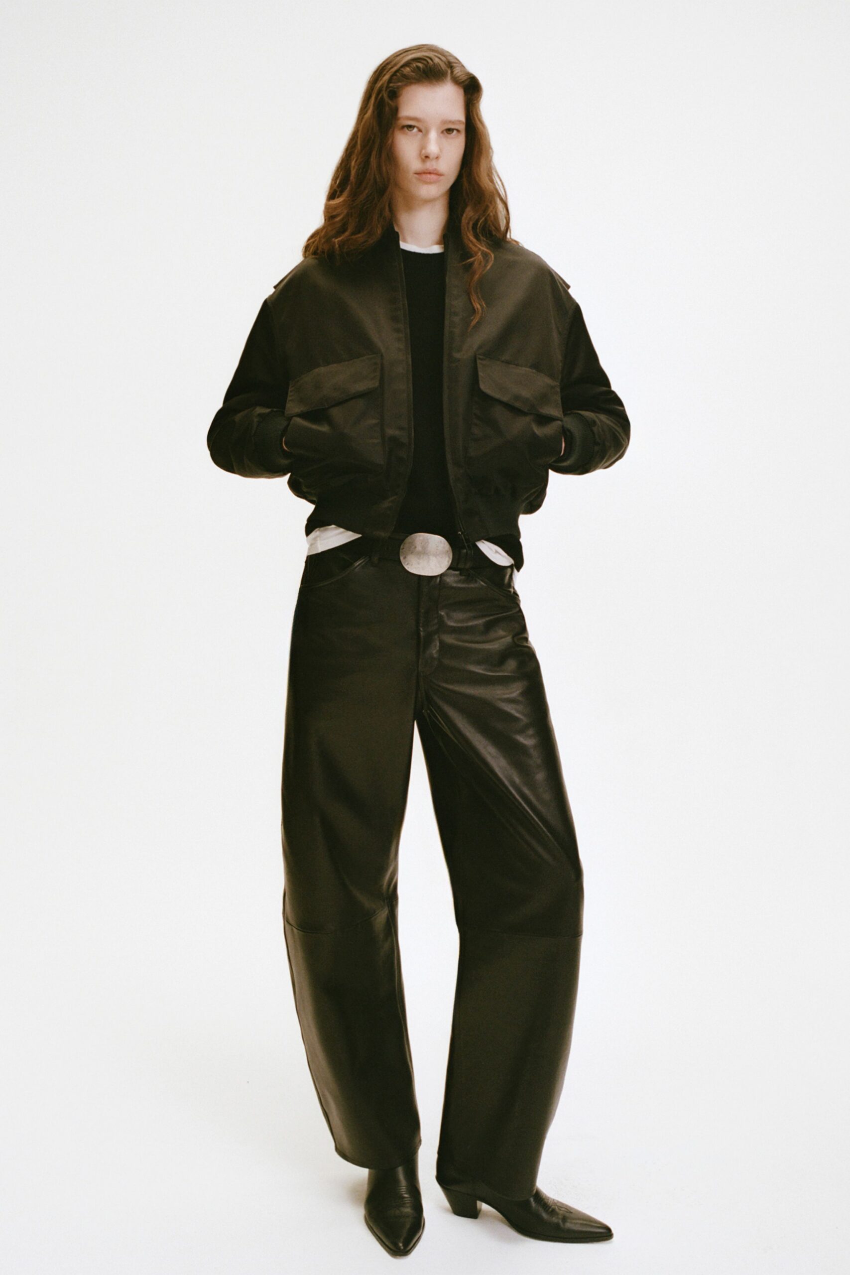 black leather long-sleeve relaxed buttoned pockets jacket