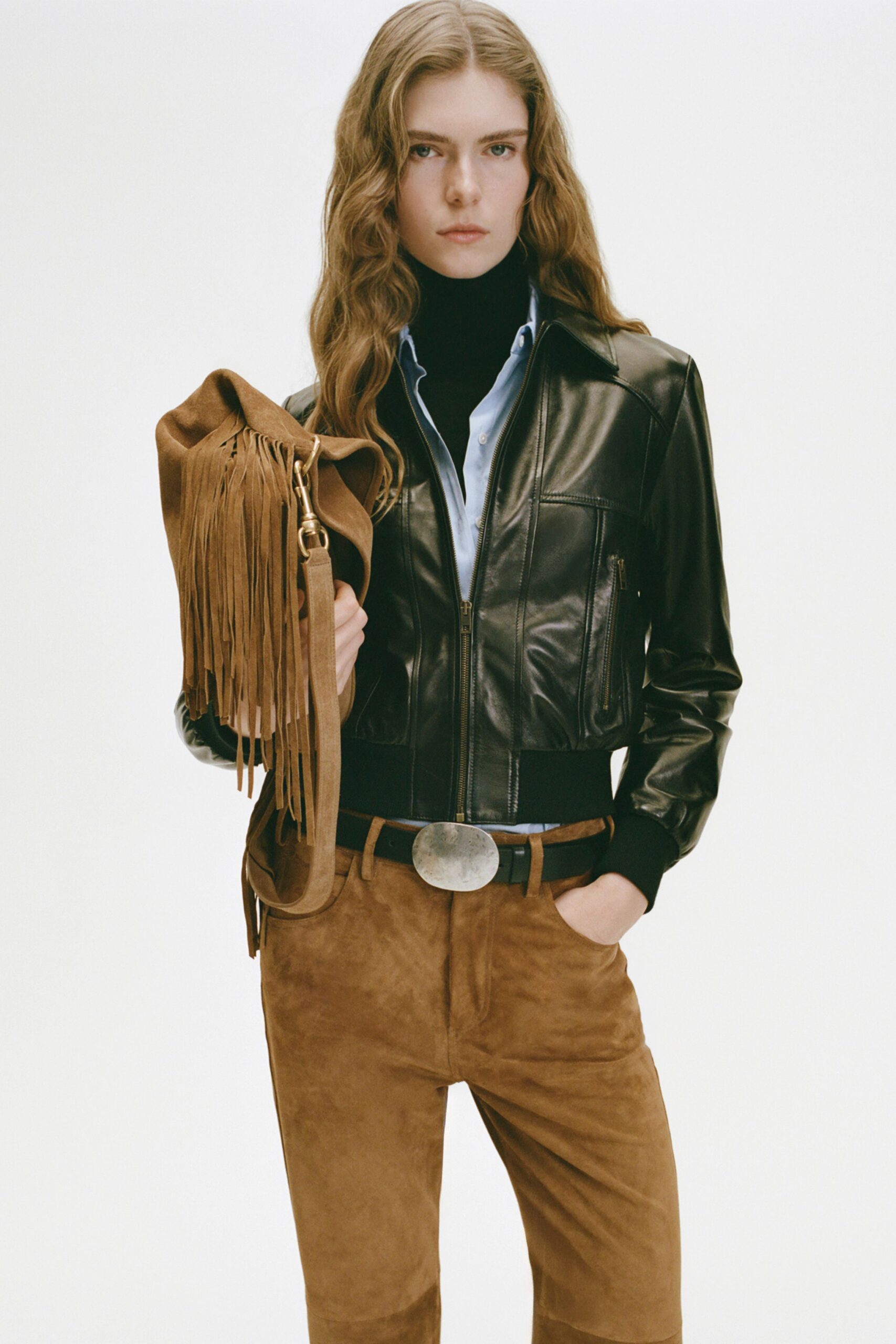 brown suede fitted straight-leg pants