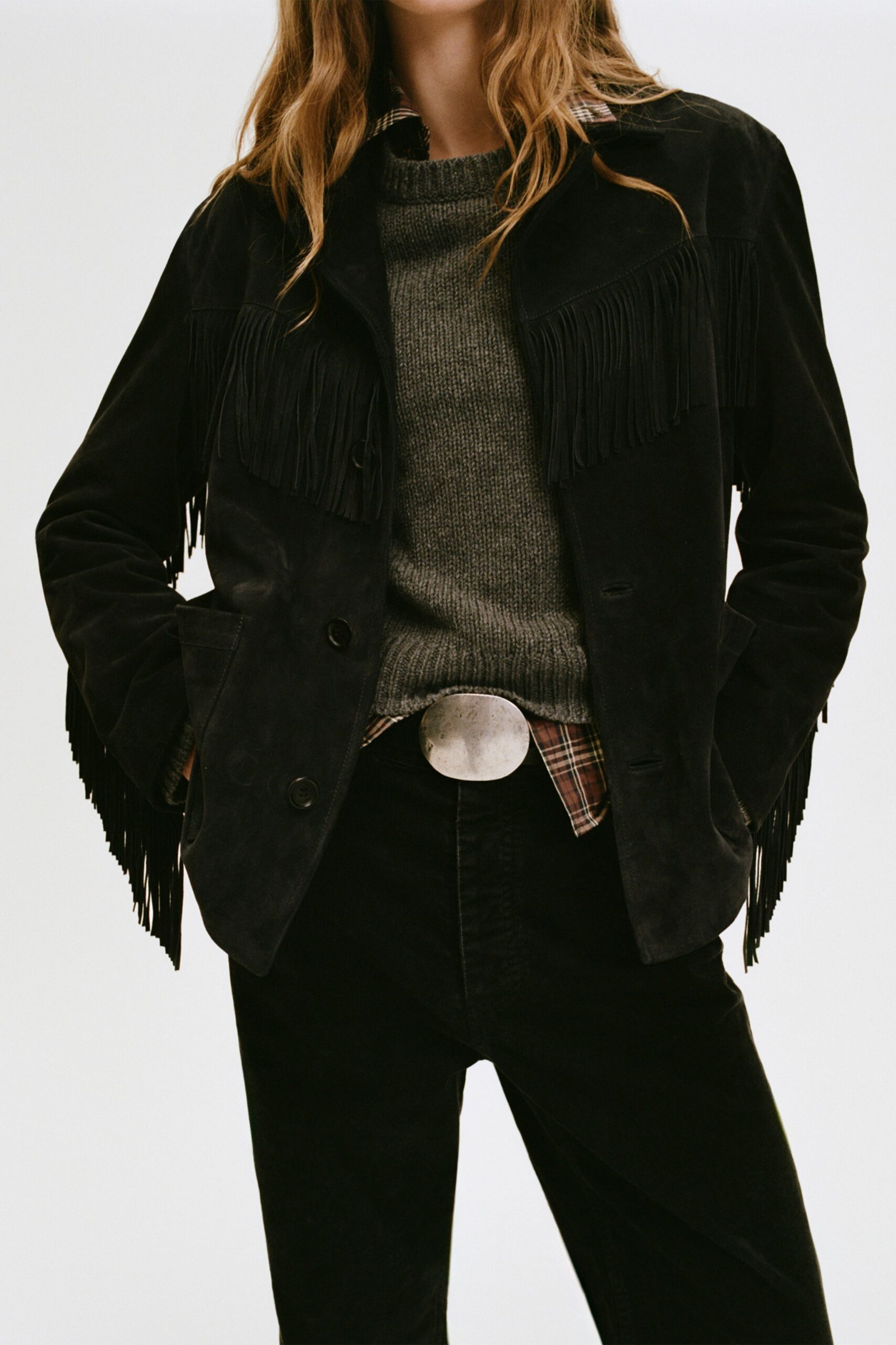 black suede long-sleeve collared fitted fringed jacket