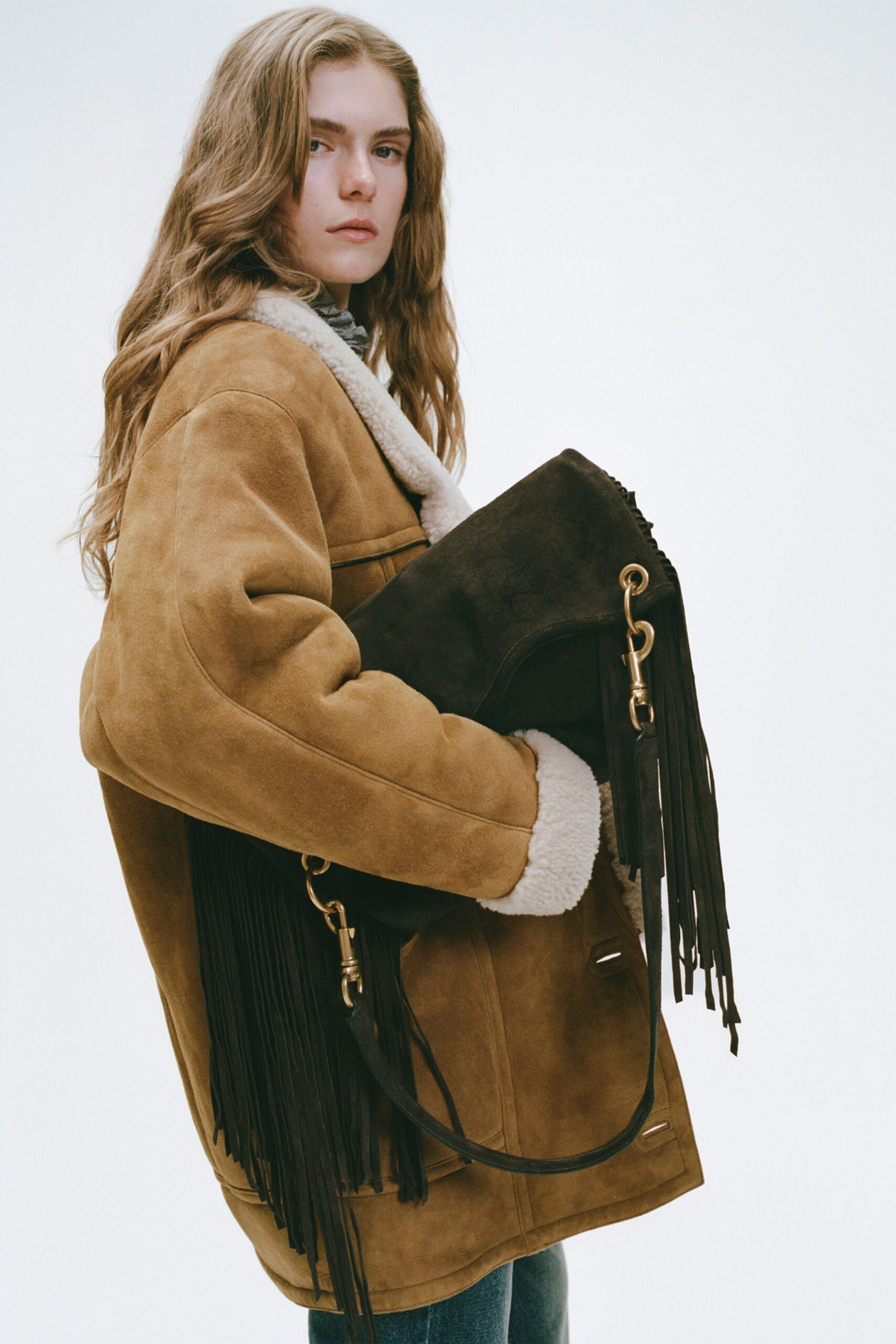 brown suede long-sleeve collared relaxed fringed coat