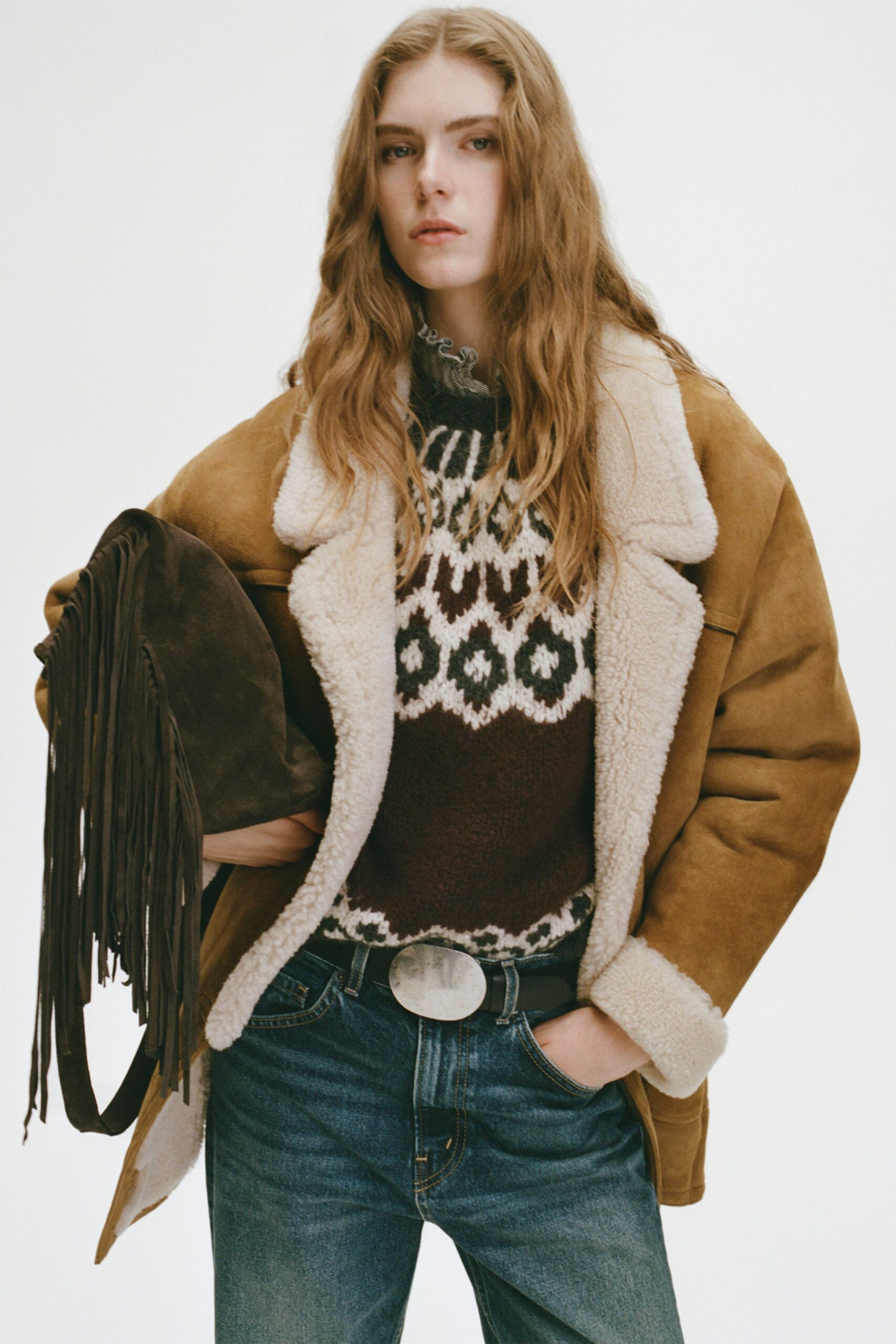 brown suede long-sleeve collared oversized fringed coat