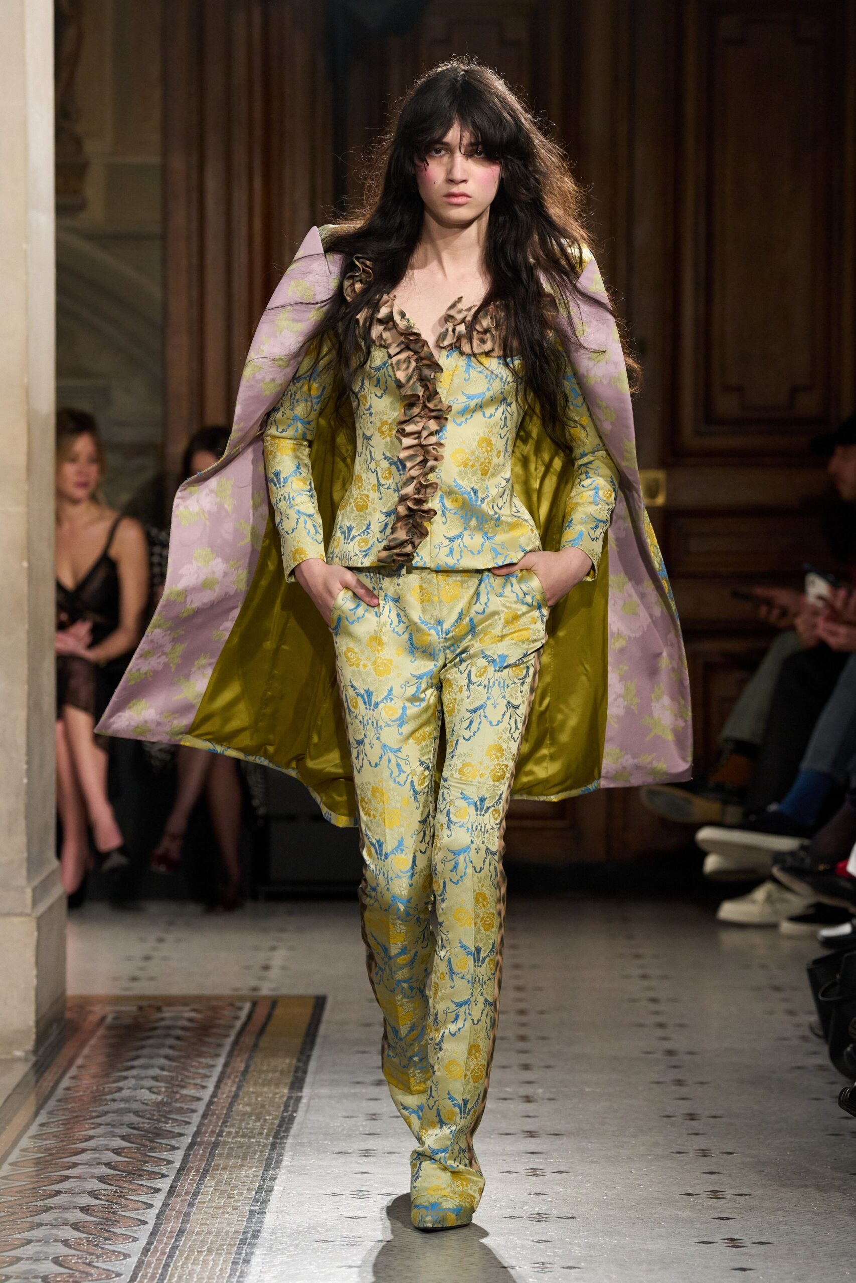yellow long-sleeve collared tailored floral layered blazer